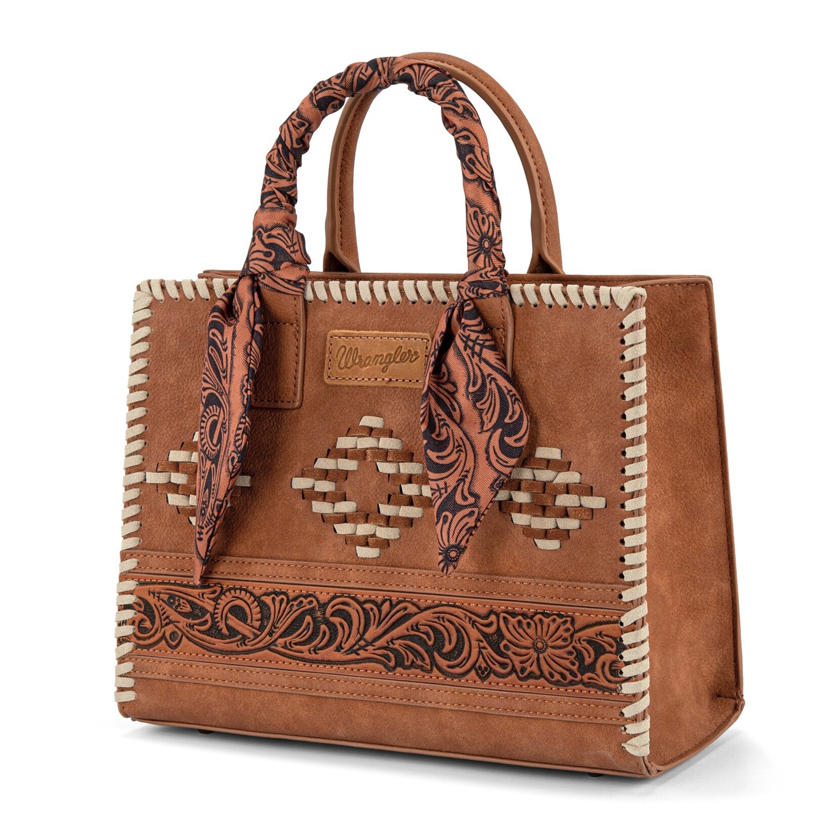 Wrangler WG310-8120BR - Brown - Wrangler Whipstitch Aztec Satchel/Crossbody with Scarf Handle