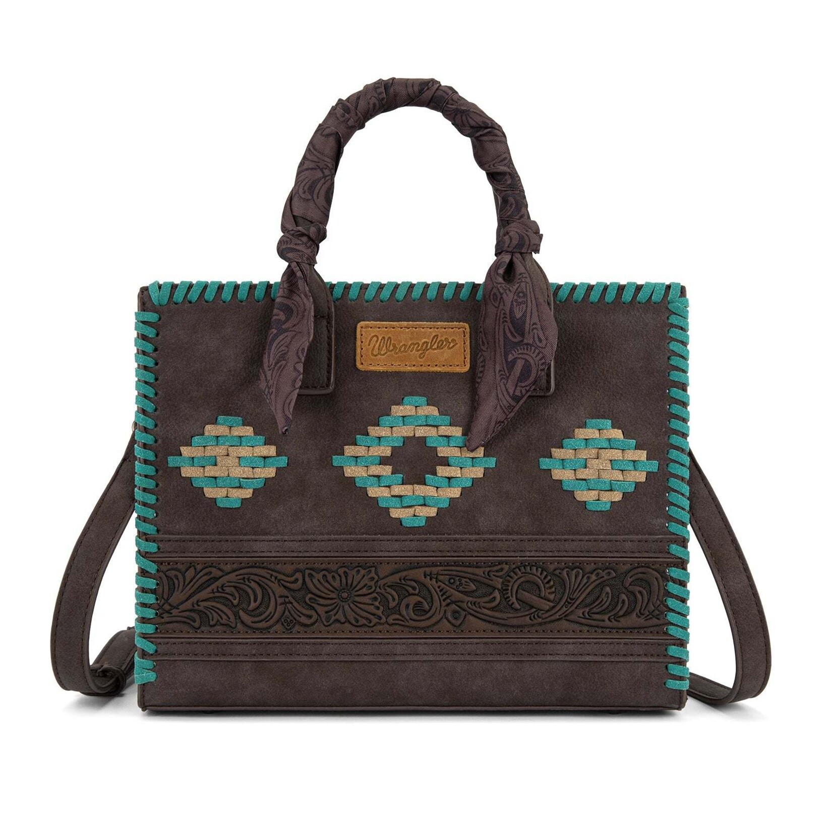 Wrangler WG310-8120CF - Coffee - Wrangler Whipstitch Aztec Satchel/Crossbody with Scarf Handle