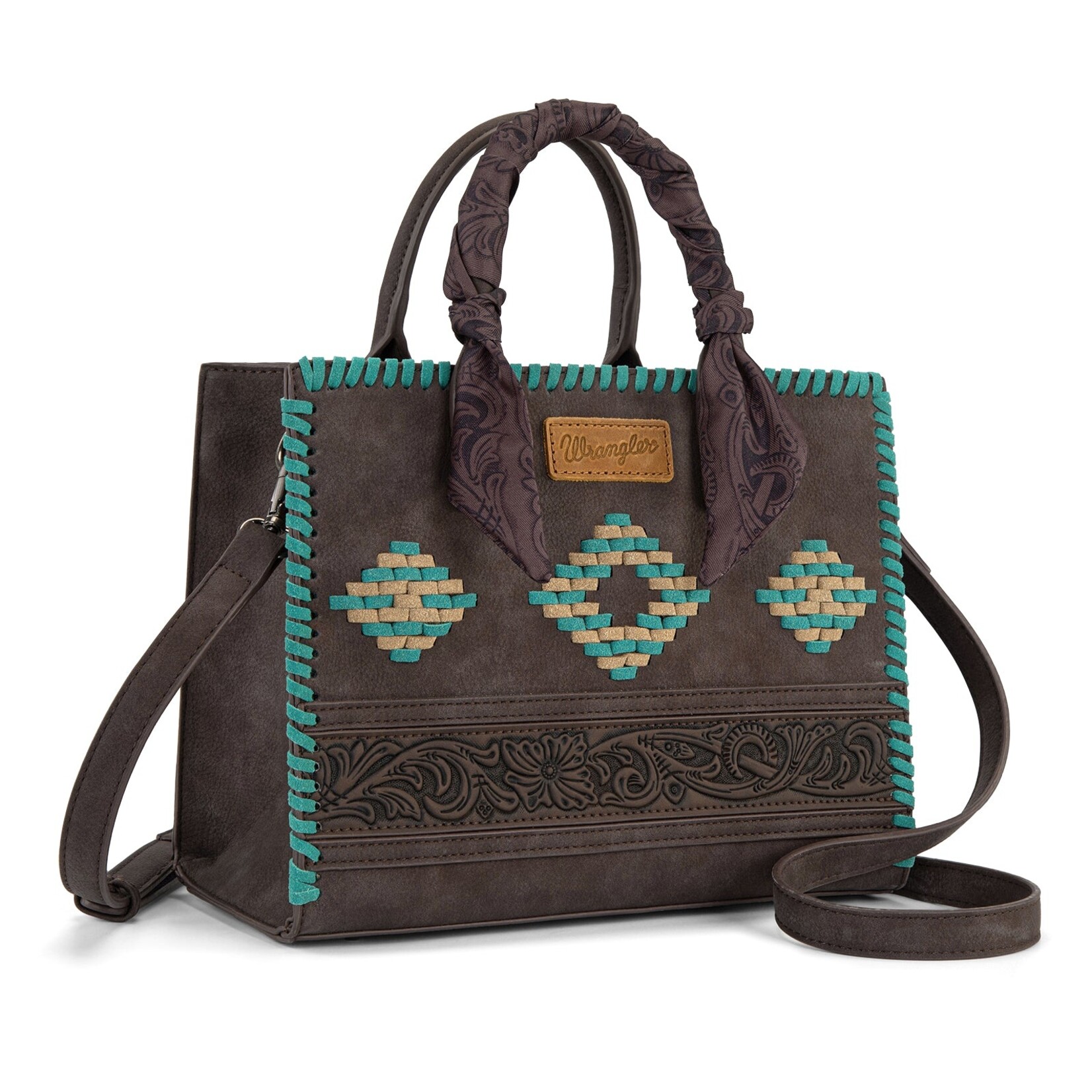 Wrangler WG310-8120CF - Coffee - Wrangler Whipstitch Aztec Satchel/Crossbody with Scarf Handle