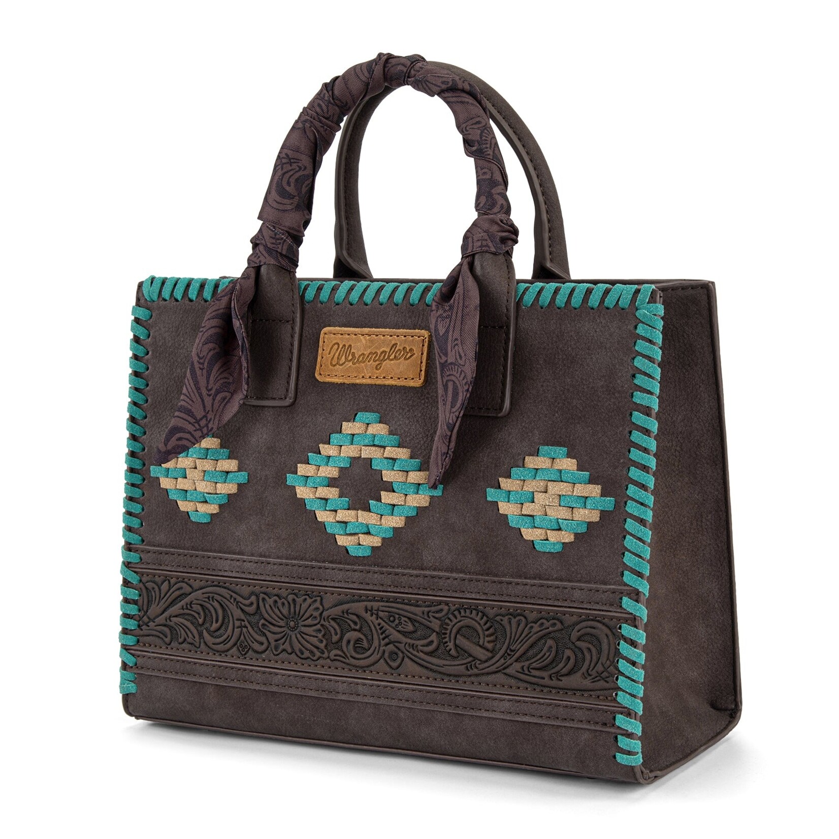 Wrangler WG310-8120CF - Coffee - Wrangler Whipstitch Aztec Satchel/Crossbody with Scarf Handle