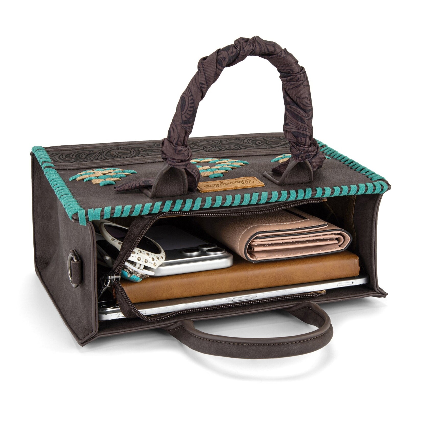 Wrangler WG310-8120CF - Coffee - Wrangler Whipstitch Aztec Satchel/Crossbody with Scarf Handle