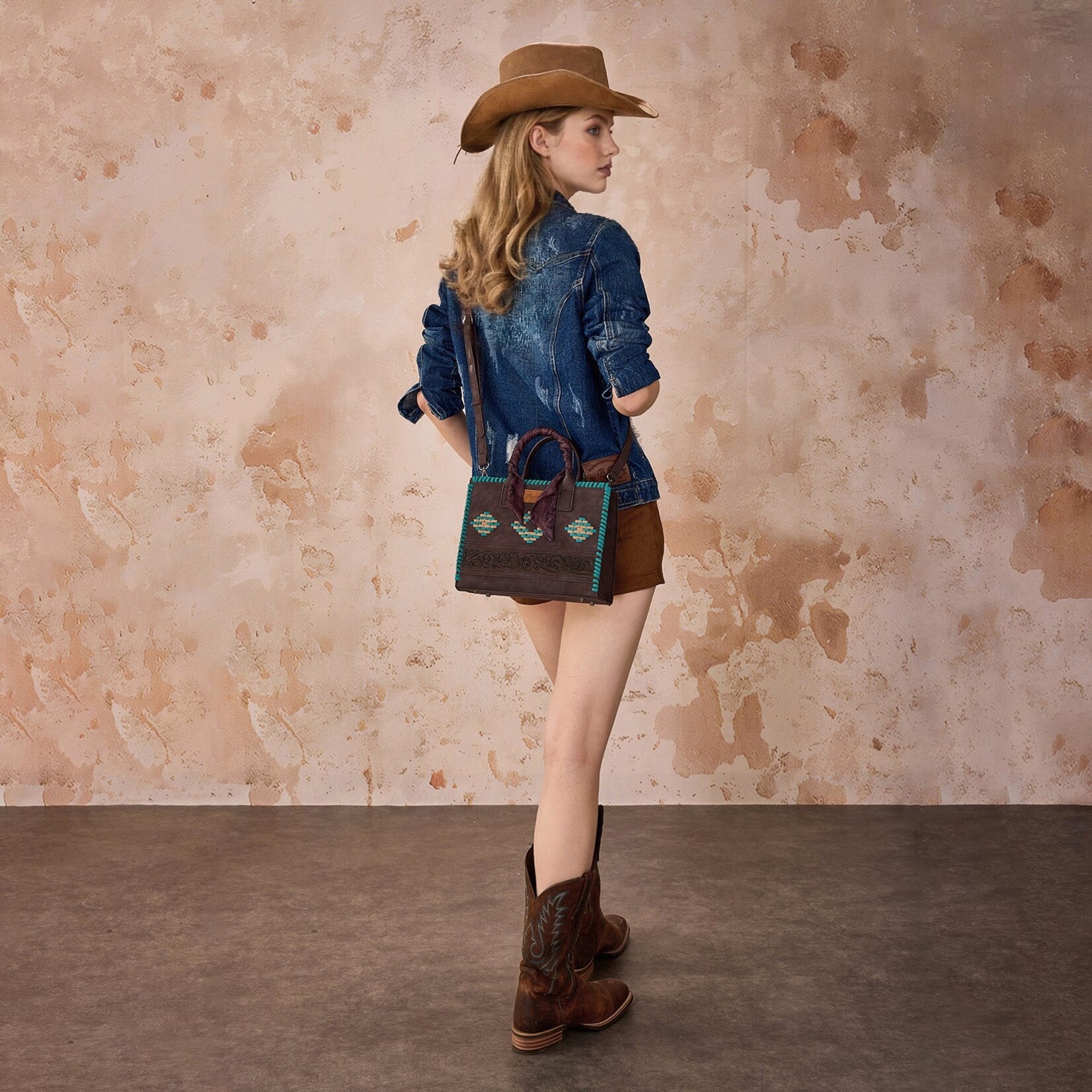 Wrangler WG310-8120CF - Coffee - Wrangler Whipstitch Aztec Satchel/Crossbody with Scarf Handle
