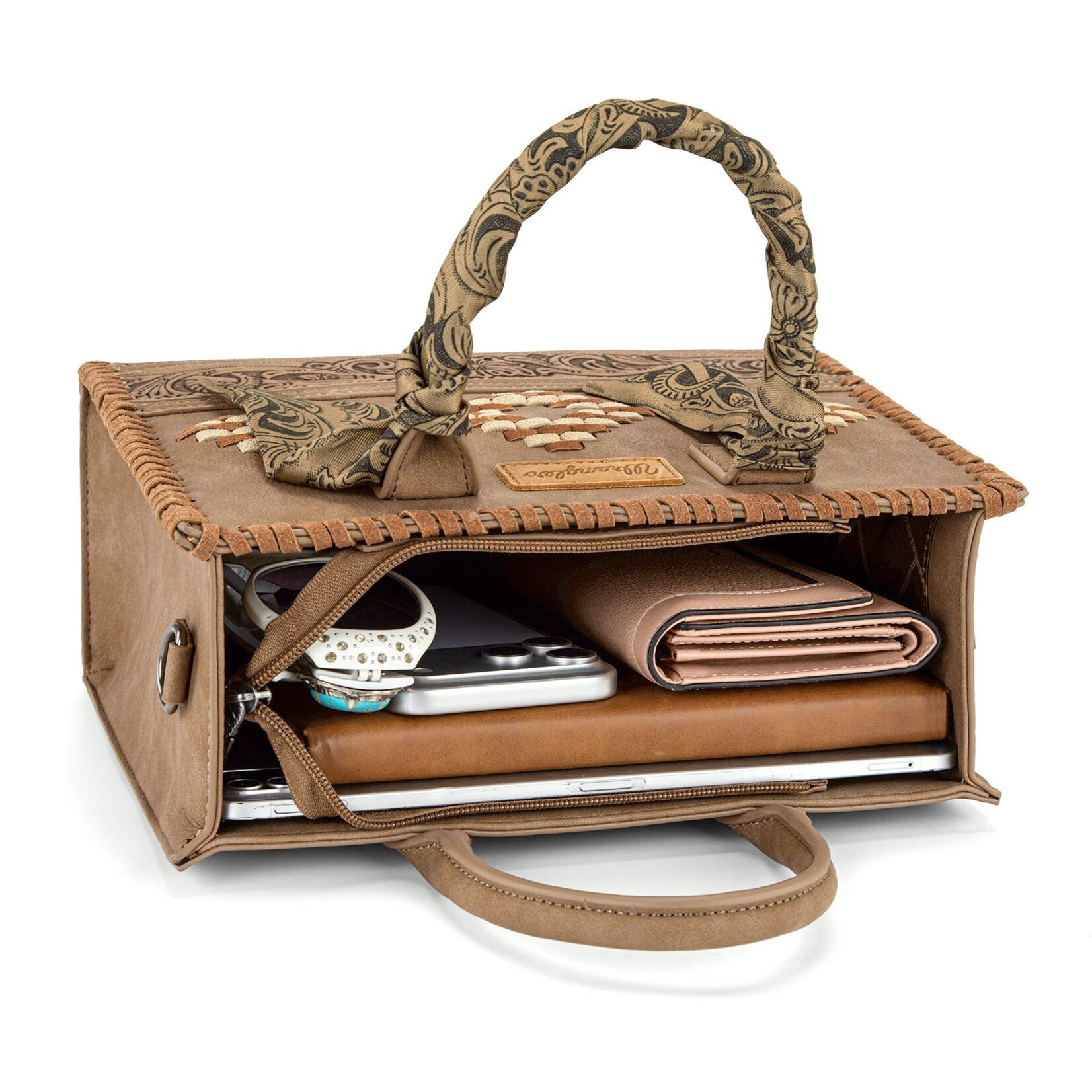Wrangler WG310-8120KH - Khaki - Wrangler Whipstitch Aztec Satchel/Crossbody with Scarf Handle