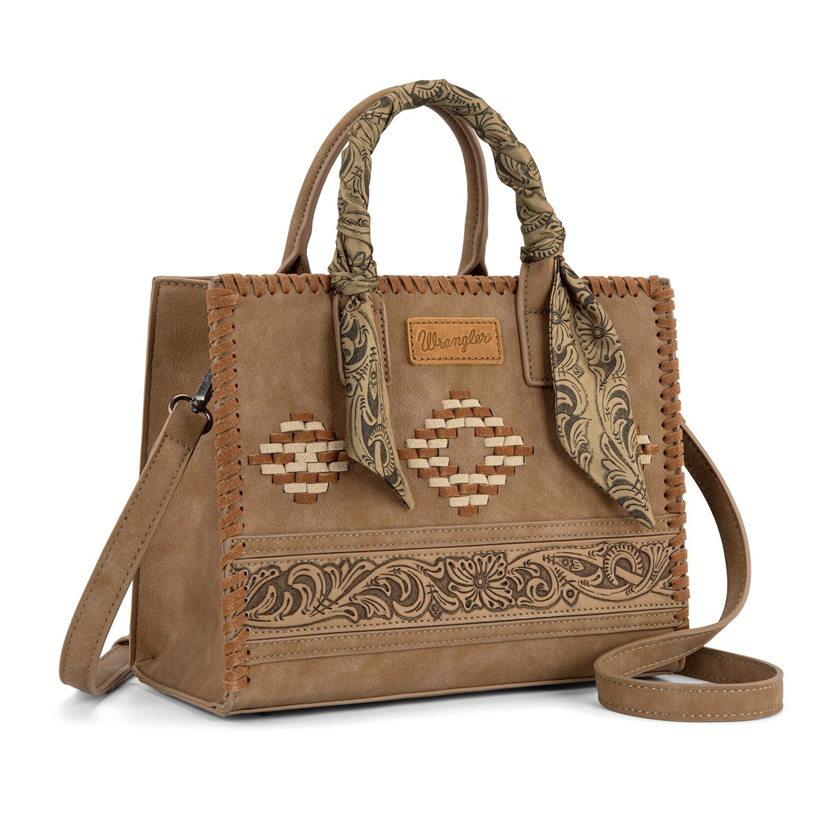 Wrangler WG310-8120KH - Khaki - Wrangler Whipstitch Aztec Satchel/Crossbody with Scarf Handle