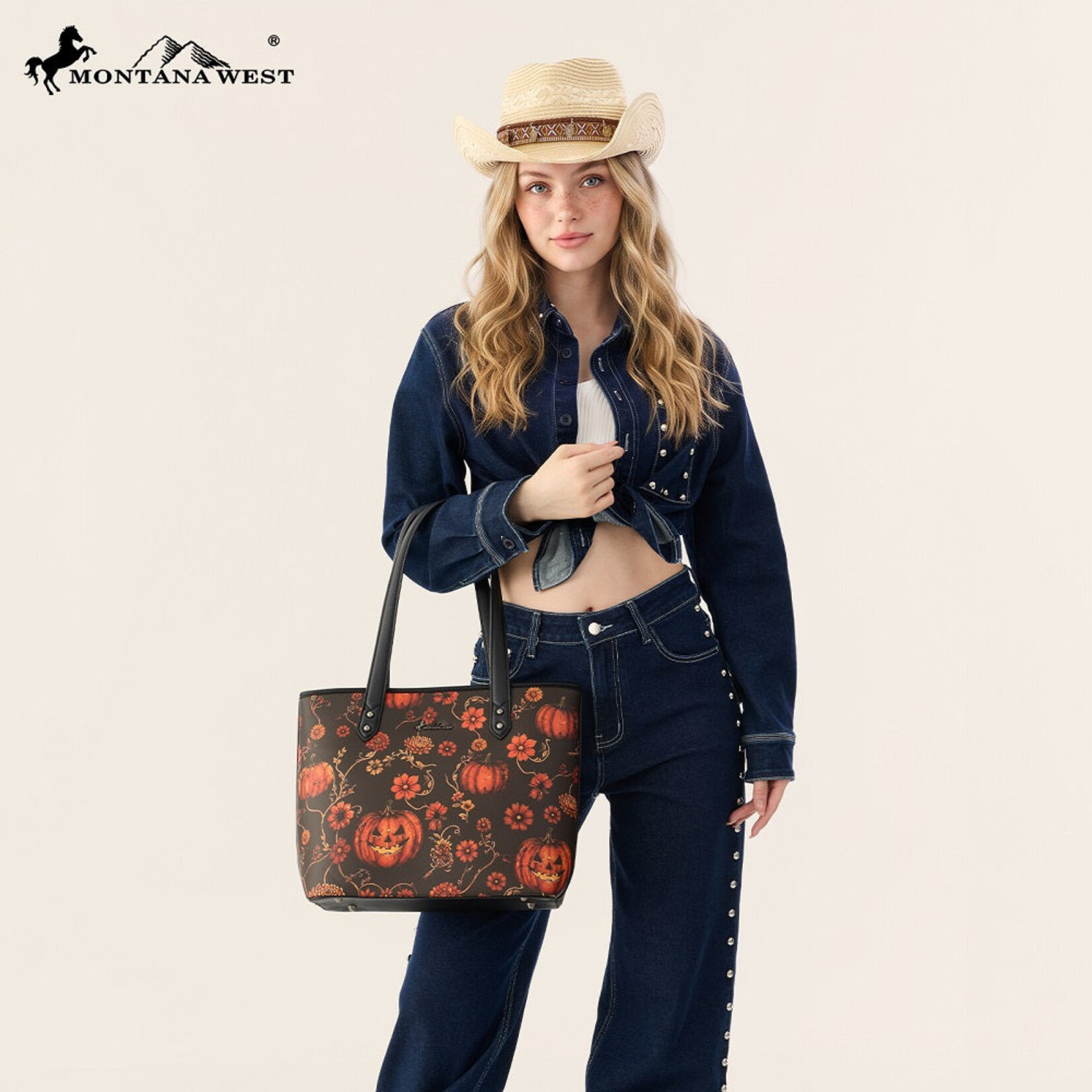 Montana West Inc MW-HB-1404-2002-RD Montana West Halloween Pumpkin Floral Tote Bag - Red