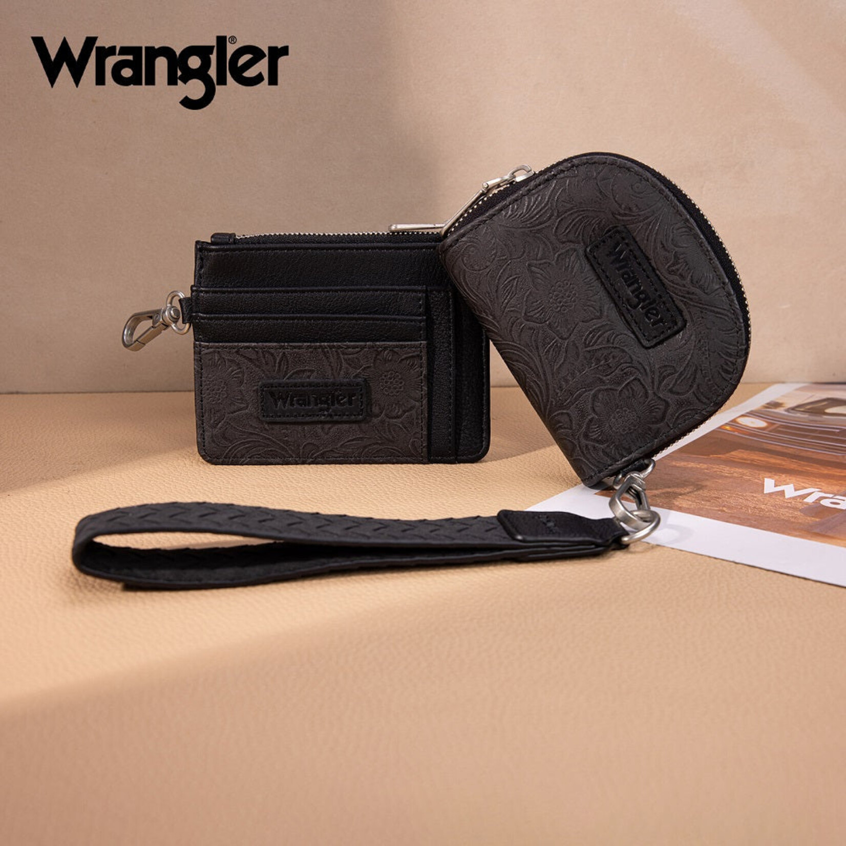 Wrangler WG-WL-608-0051-BK Wrangler Floral Tooled 2‑Piece RFID Wallet Set - Black