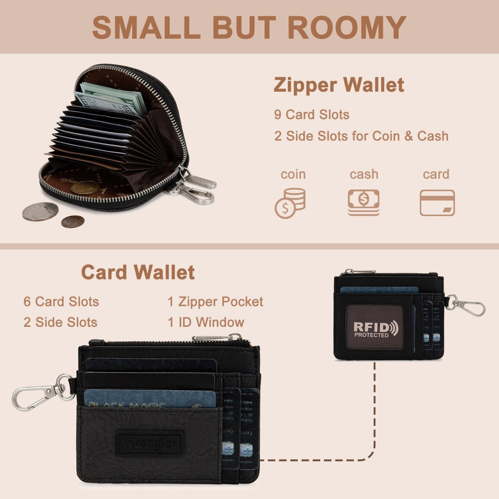 Wrangler WG-WL-608-0051-BK Wrangler Floral Tooled 2‑Piece RFID Wallet Set - Black
