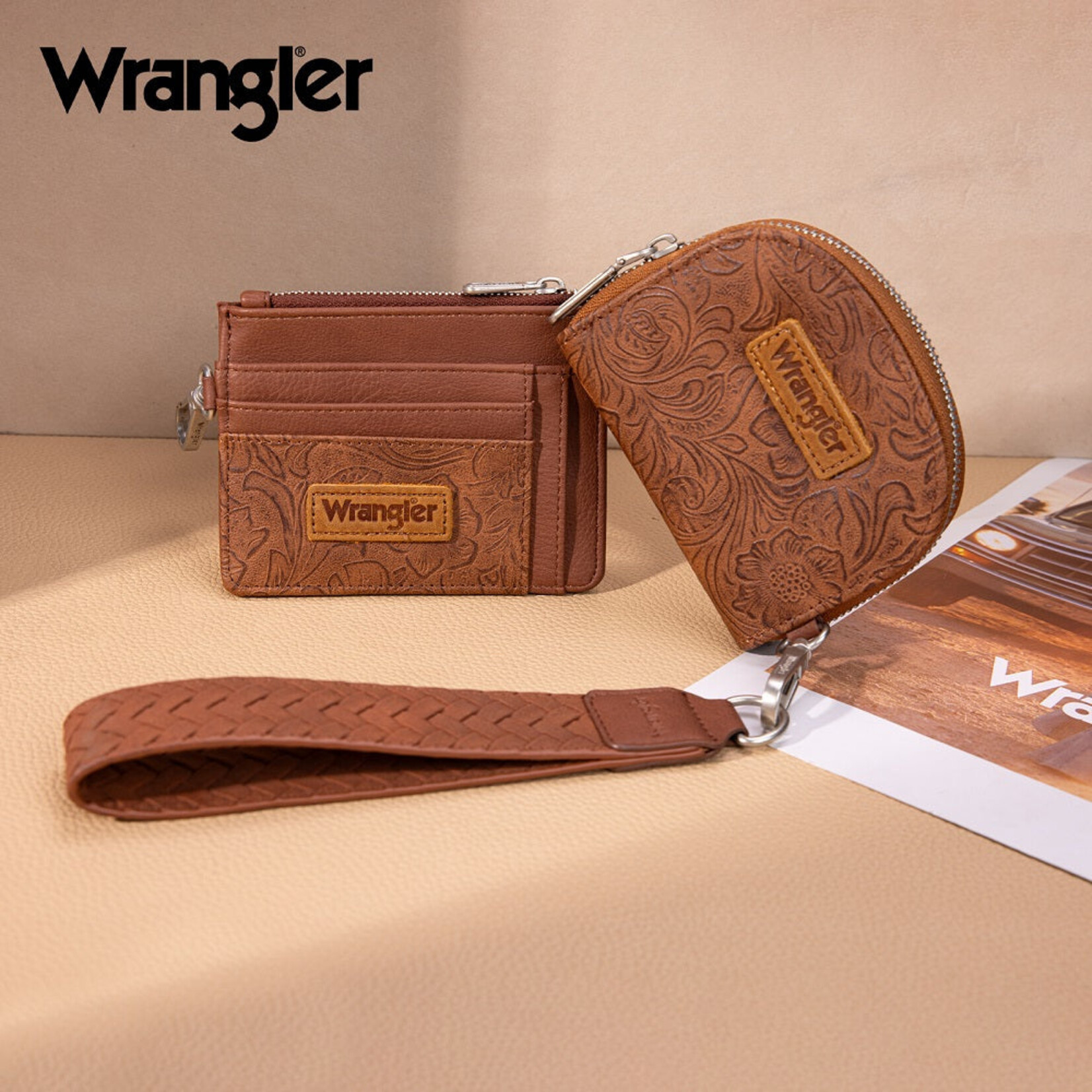 Wrangler WG-WL-608-0051-BR Wrangler Floral Tooled 2‑Piece RFID Wallet Set - Brown