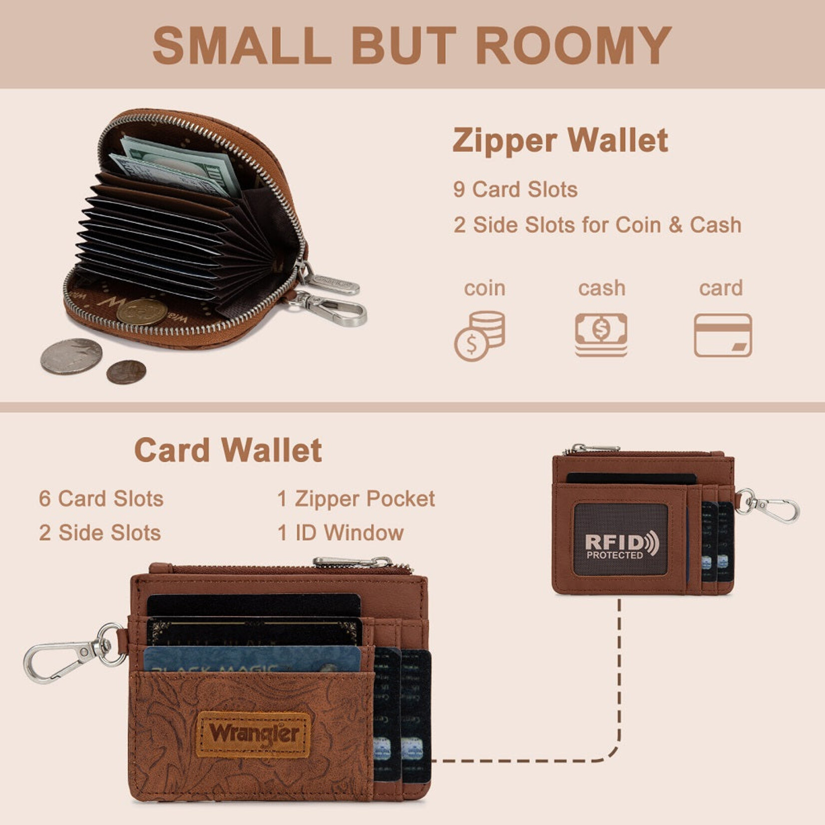Wrangler WG-WL-608-0051-BR Wrangler Floral Tooled 2‑Piece RFID Wallet Set - Brown