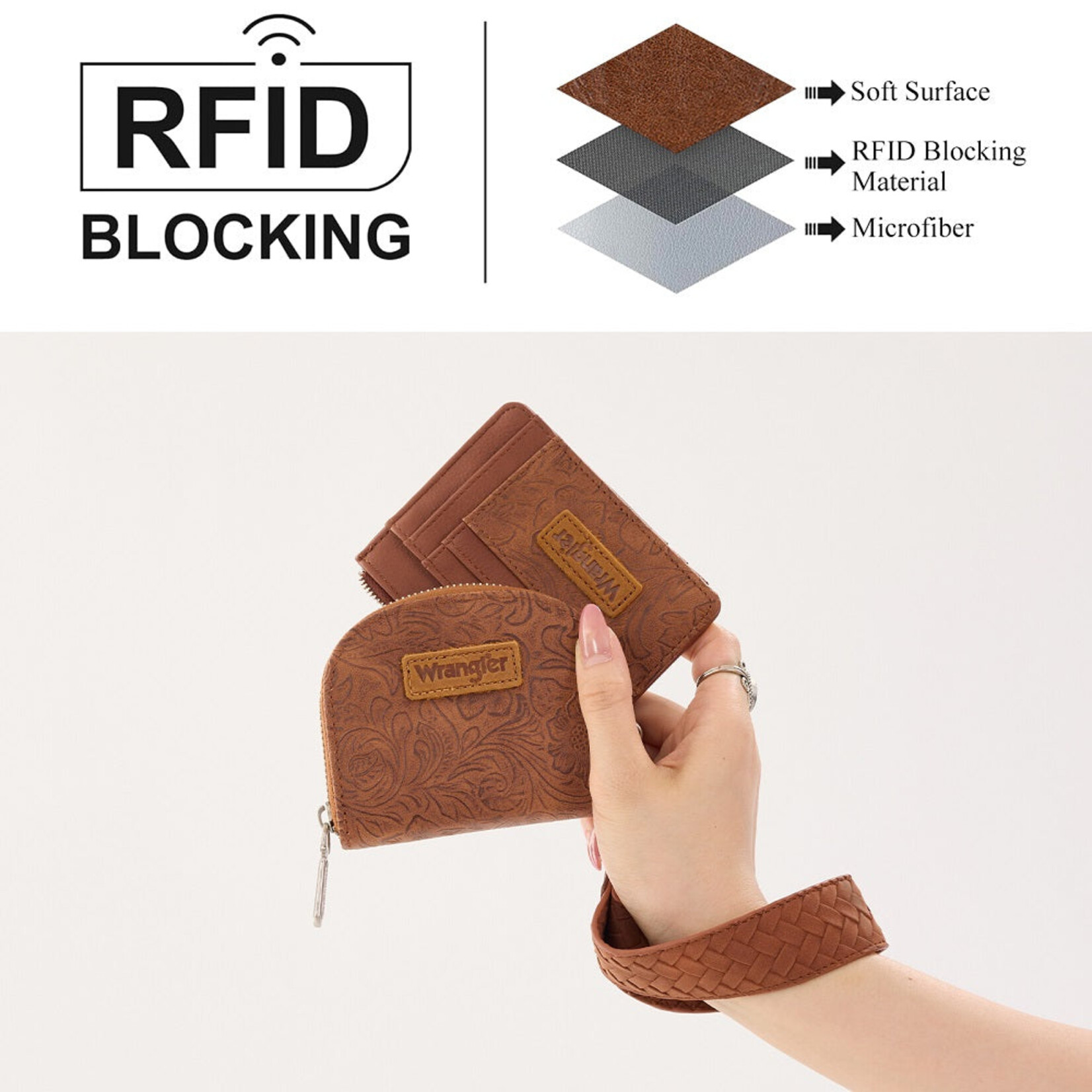 Wrangler WG-WL-608-0051-BR Wrangler Floral Tooled 2‑Piece RFID Wallet Set - Brown