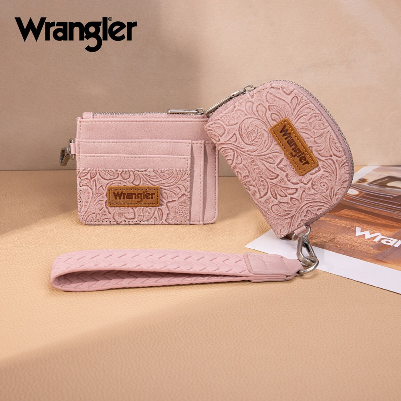 Wrangler WG-WL-608-0051-DPK Wrangler Floral Tooled 2‑Piece RFID Wallet Set - Dark Pink