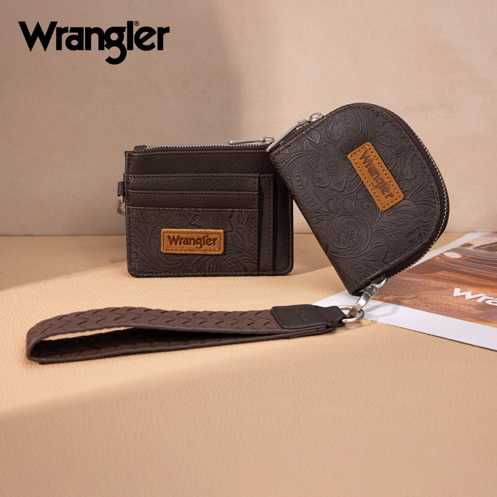 Wrangler WG-WL-608-0051-CF - Coffee - Wrangler Floral Tooled 2‑Piece RFID Wallet Set