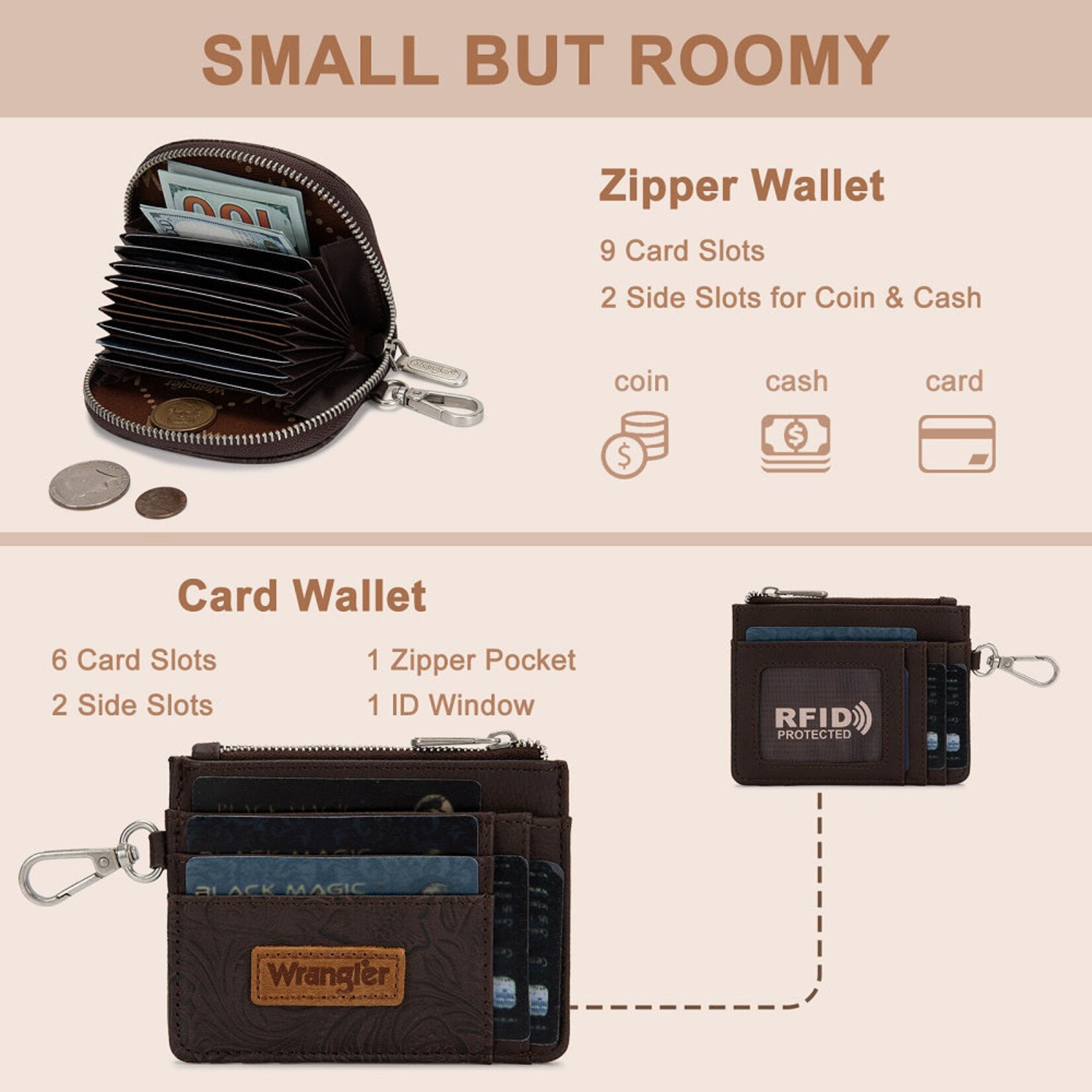 Wrangler WG-WL-608-0051-CF - Coffee - Wrangler Floral Tooled 2‑Piece RFID Wallet Set
