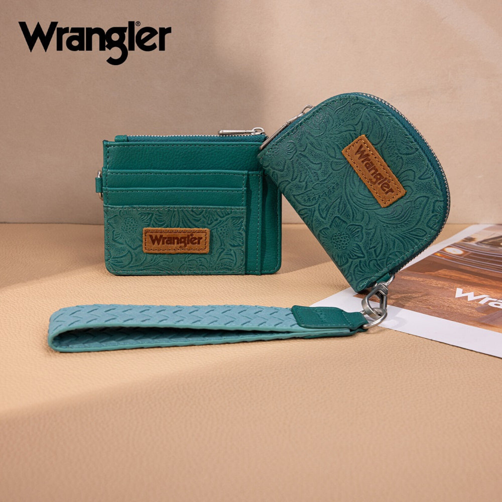 Wrangler WG-WL-608-0051-GN Wrangler Floral Tooled 2‑Piece RFID Wallet Set - Green