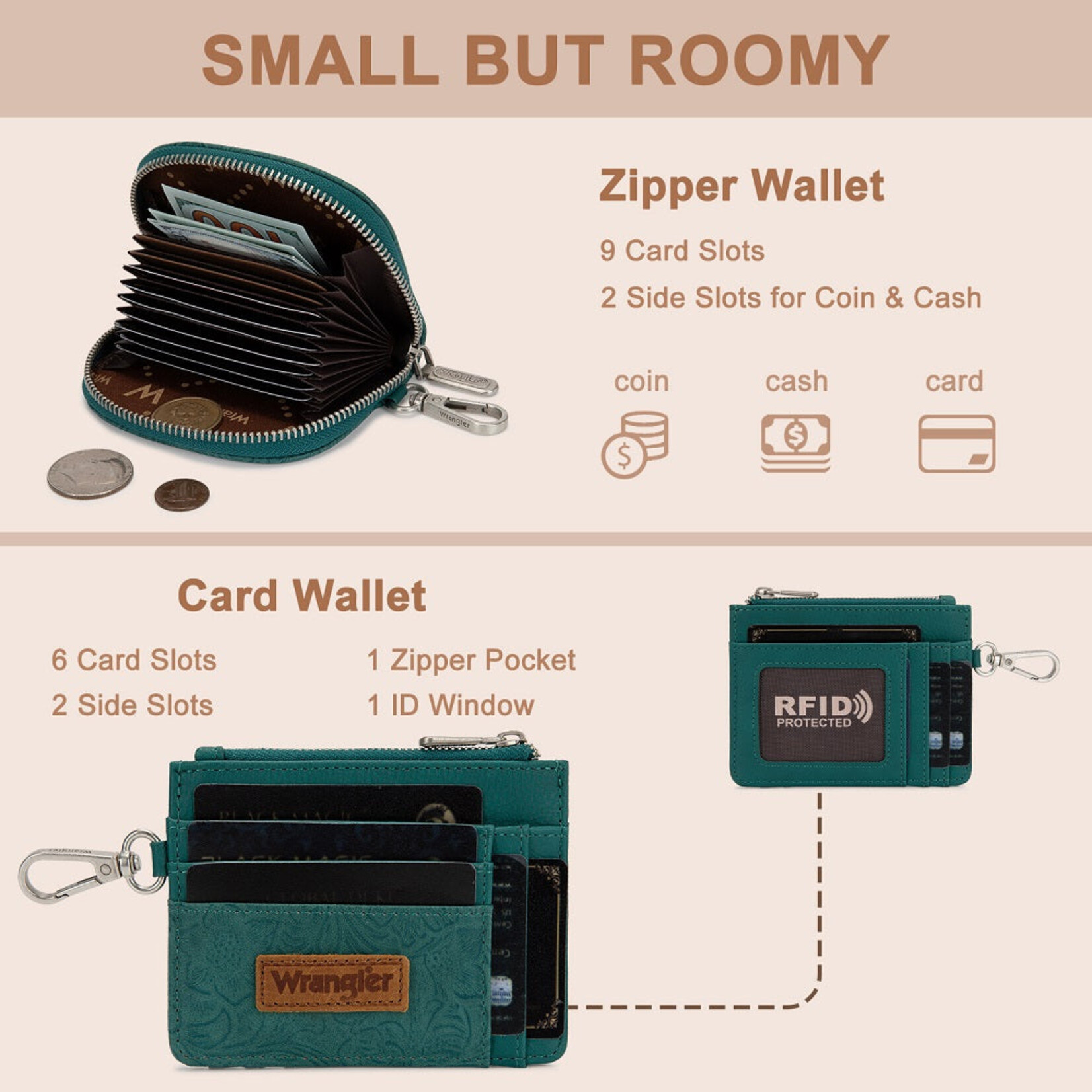 Wrangler WG-WL-608-0051-GN Wrangler Floral Tooled 2‑Piece RFID Wallet Set - Green