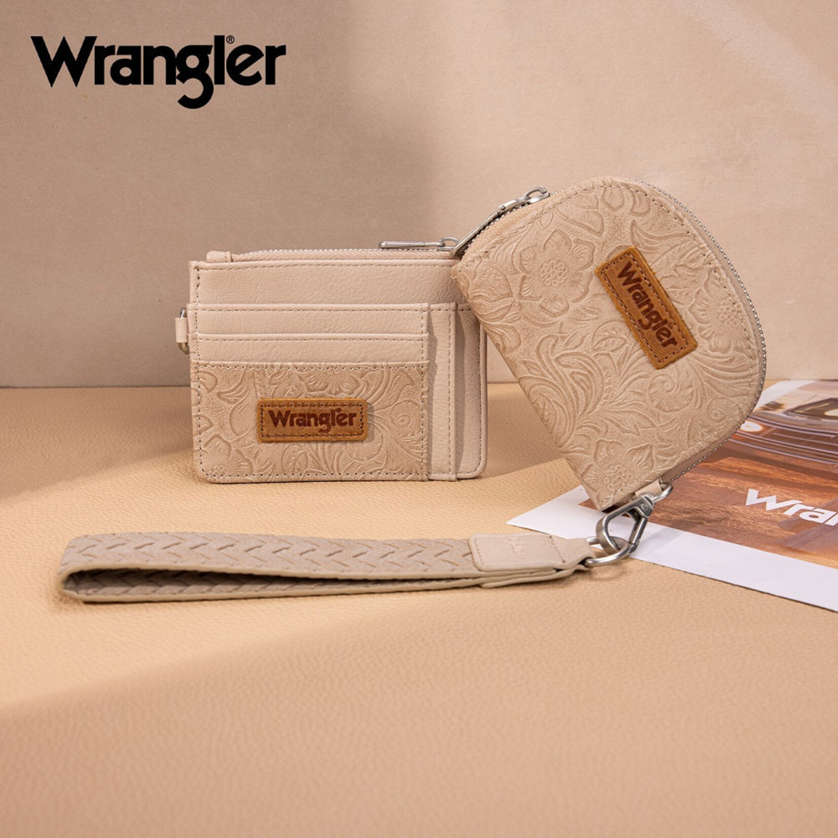 Wrangler WG-WL-608-0051-TN Wrangler Floral Tooled 2‑Piece RFID Wallet Set - Tan