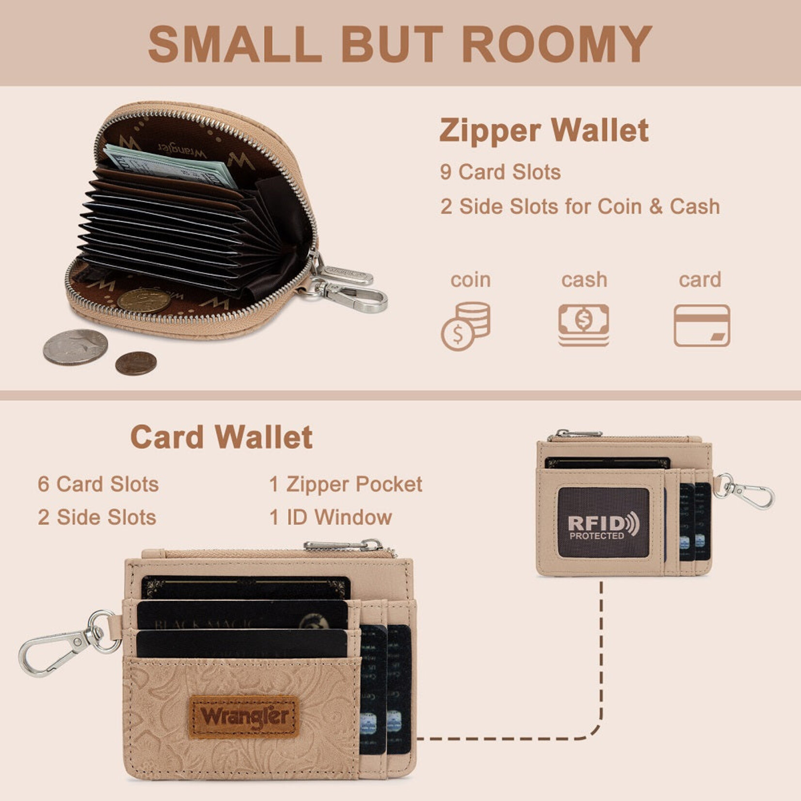 Wrangler WG-WL-608-0051-TN Wrangler Floral Tooled 2‑Piece RFID Wallet Set - Tan