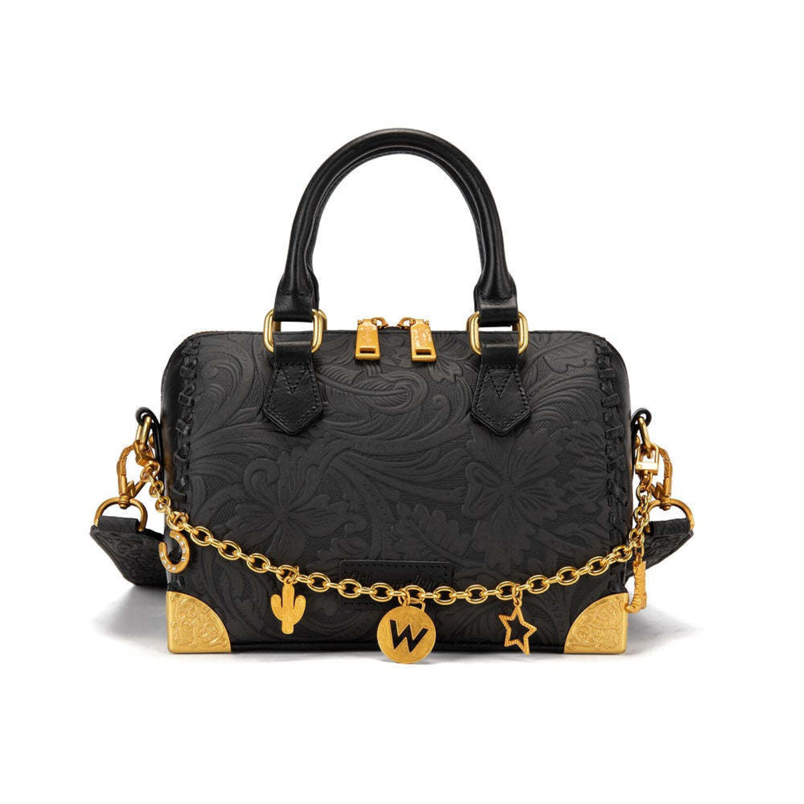 Wrangler WG-HB-541-6661-BK - Black - Wrangler Genuine Leather Tooled Floral Boston Crossbody Bag with Charm Chain