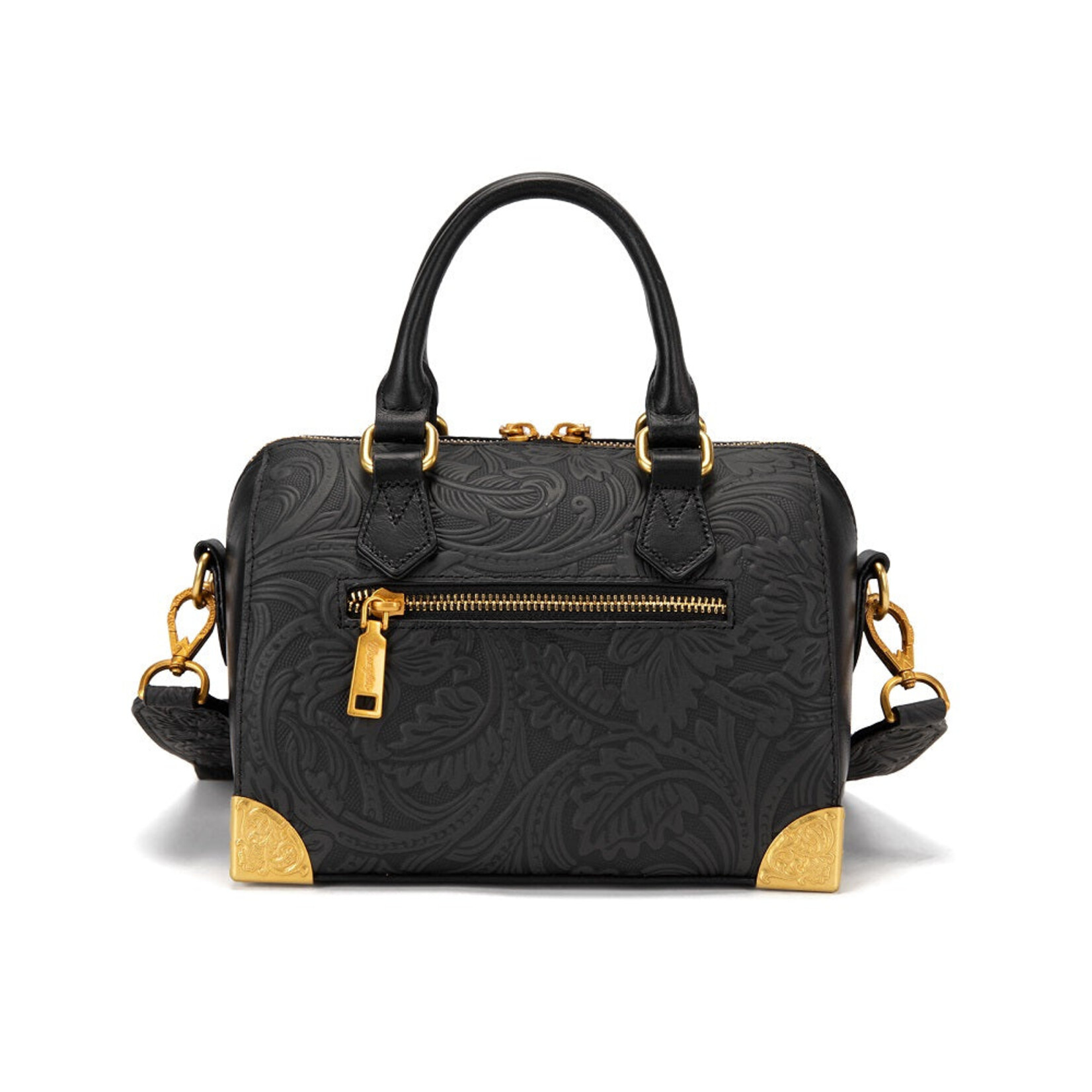 Wrangler WG-HB-541-6661-BK - Black - Wrangler Genuine Leather Tooled Floral Boston Crossbody Bag with Charm Chain