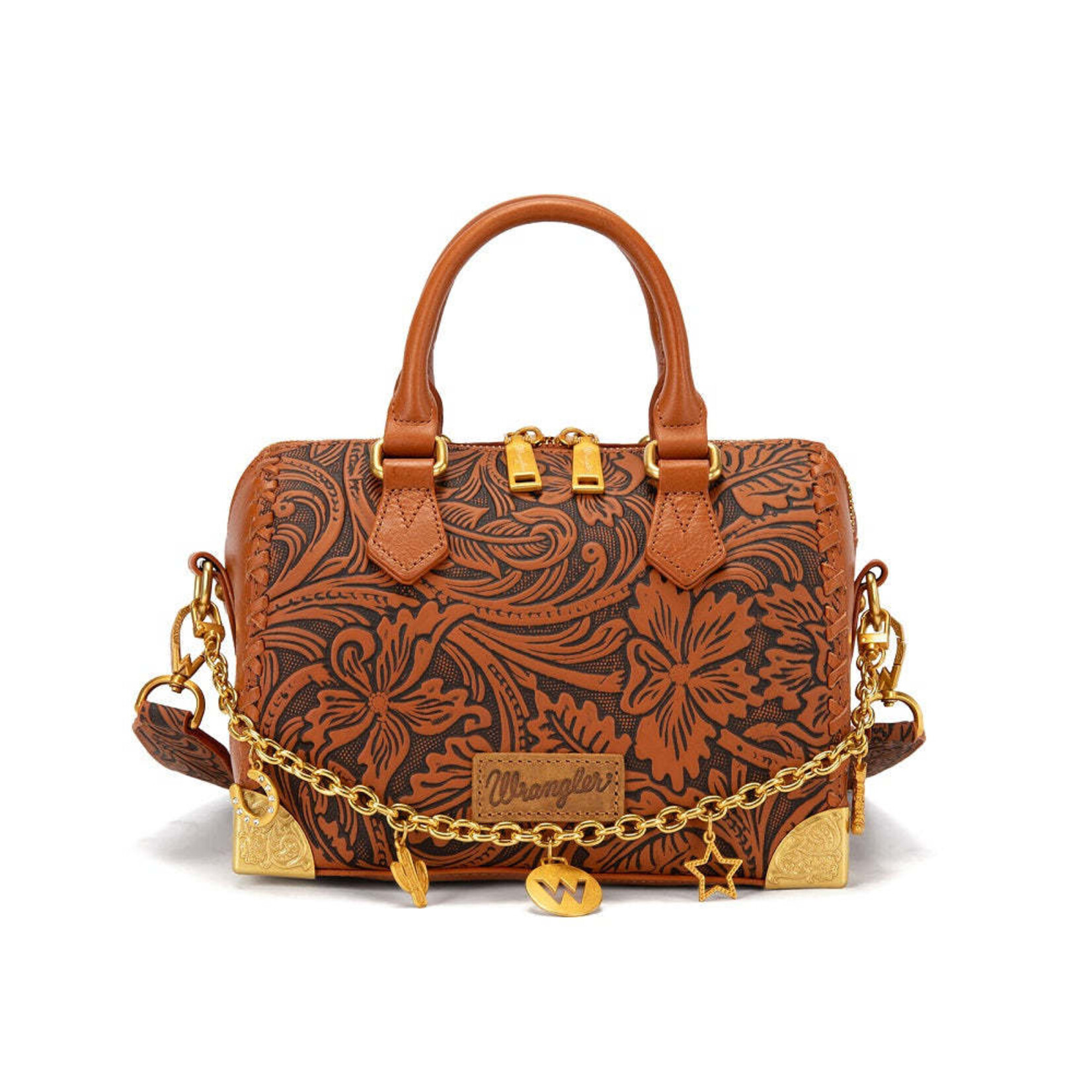 Wrangler WG-HB-541-6661-BR - Brown - Wrangler Genuine Leather Tooled Floral Boston Crossbody Bag with Charm Chain