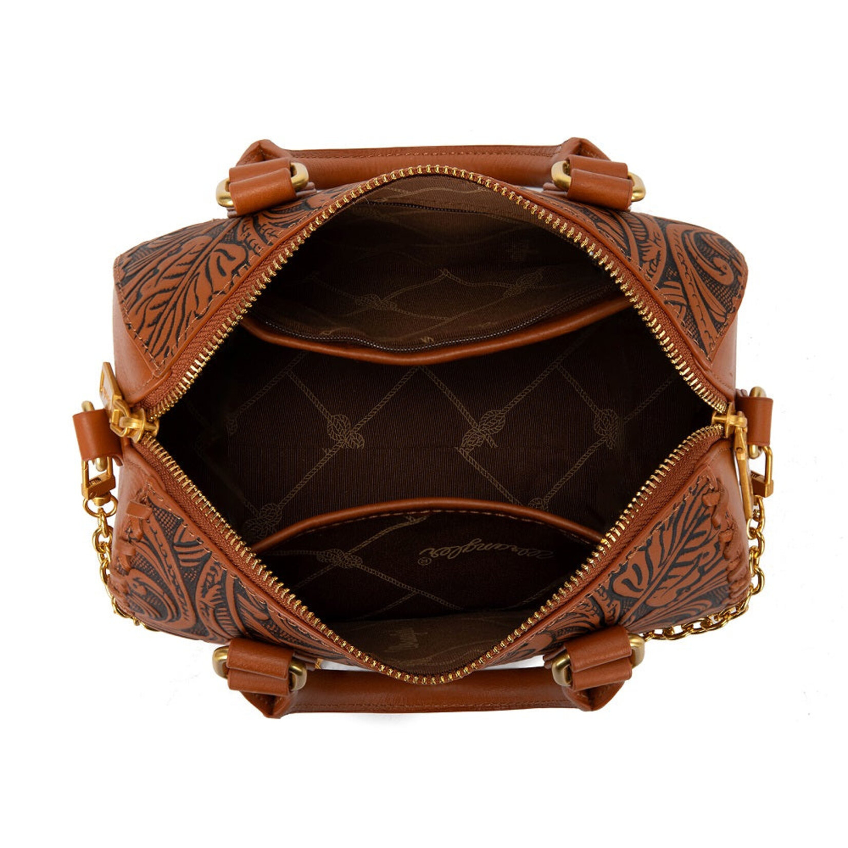 Wrangler WG-HB-541-6661-BR - Brown - Wrangler Genuine Leather Tooled Floral Boston Crossbody Bag with Charm Chain
