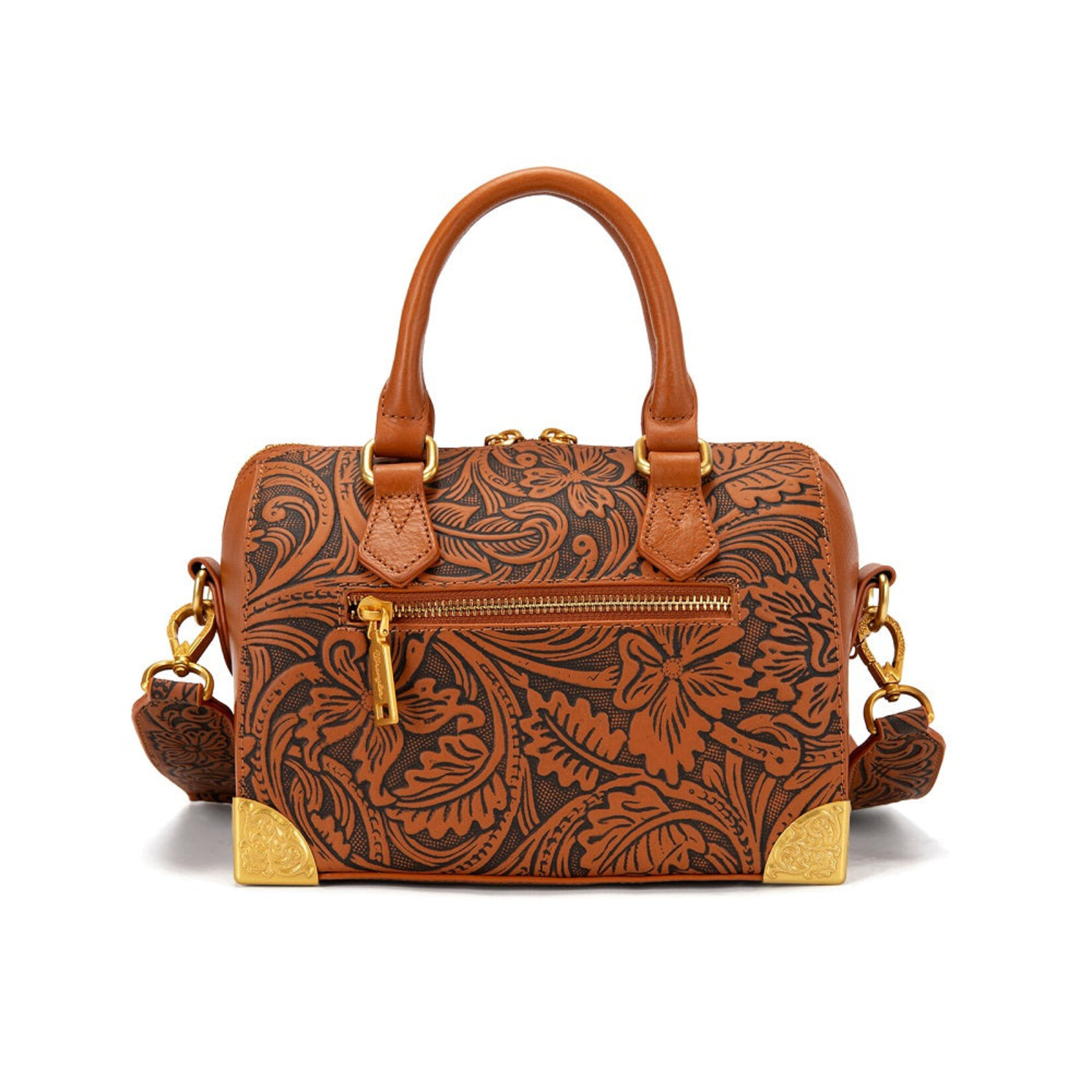 Wrangler WG-HB-541-6661-BR - Brown - Wrangler Genuine Leather Tooled Floral Boston Crossbody Bag with Charm Chain
