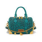 Wrangler WG-HB-541-6661-TQ - Turquoise - Wrangler Genuine Leather Tooled Floral Boston Crossbody Bag with Charm Chain