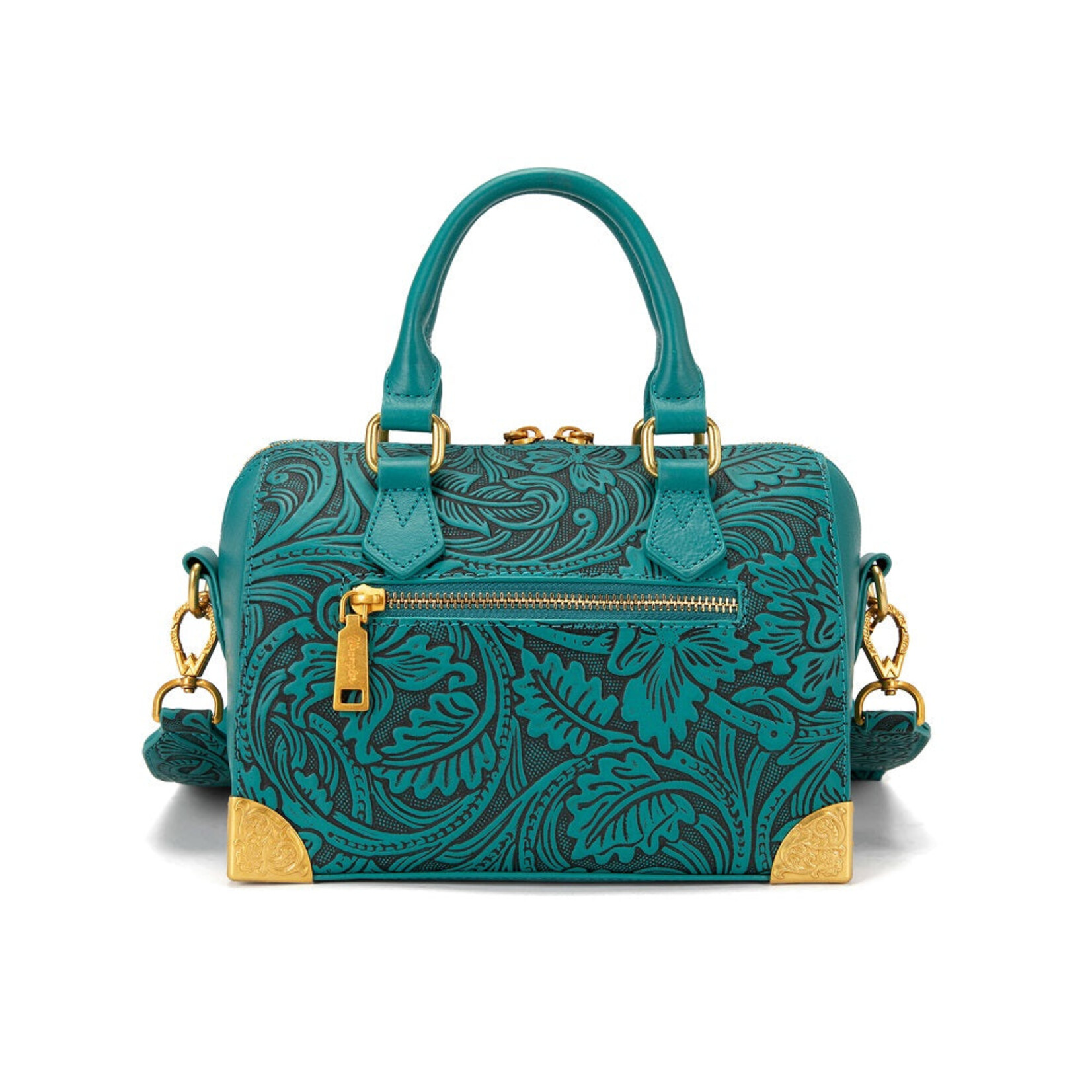 Wrangler WG-HB-541-6661-TQ - Turquoise - Wrangler Genuine Leather Tooled Floral Boston Crossbody Bag with Charm Chain