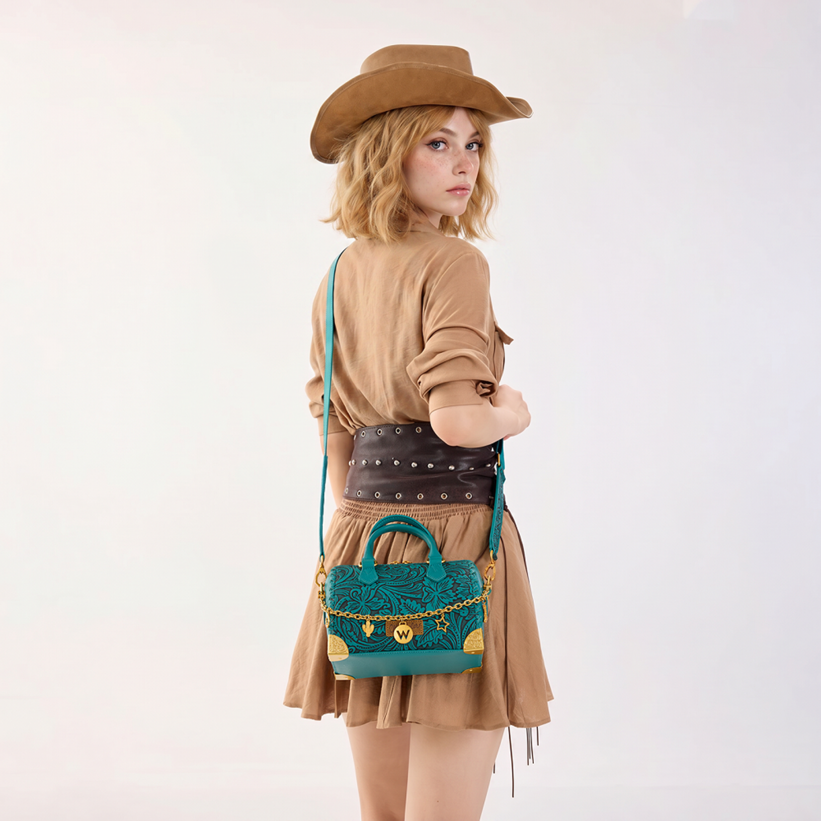 Wrangler WG-HB-541-6661-TQ - Turquoise - Wrangler Genuine Leather Tooled Floral Boston Crossbody Bag with Charm Chain