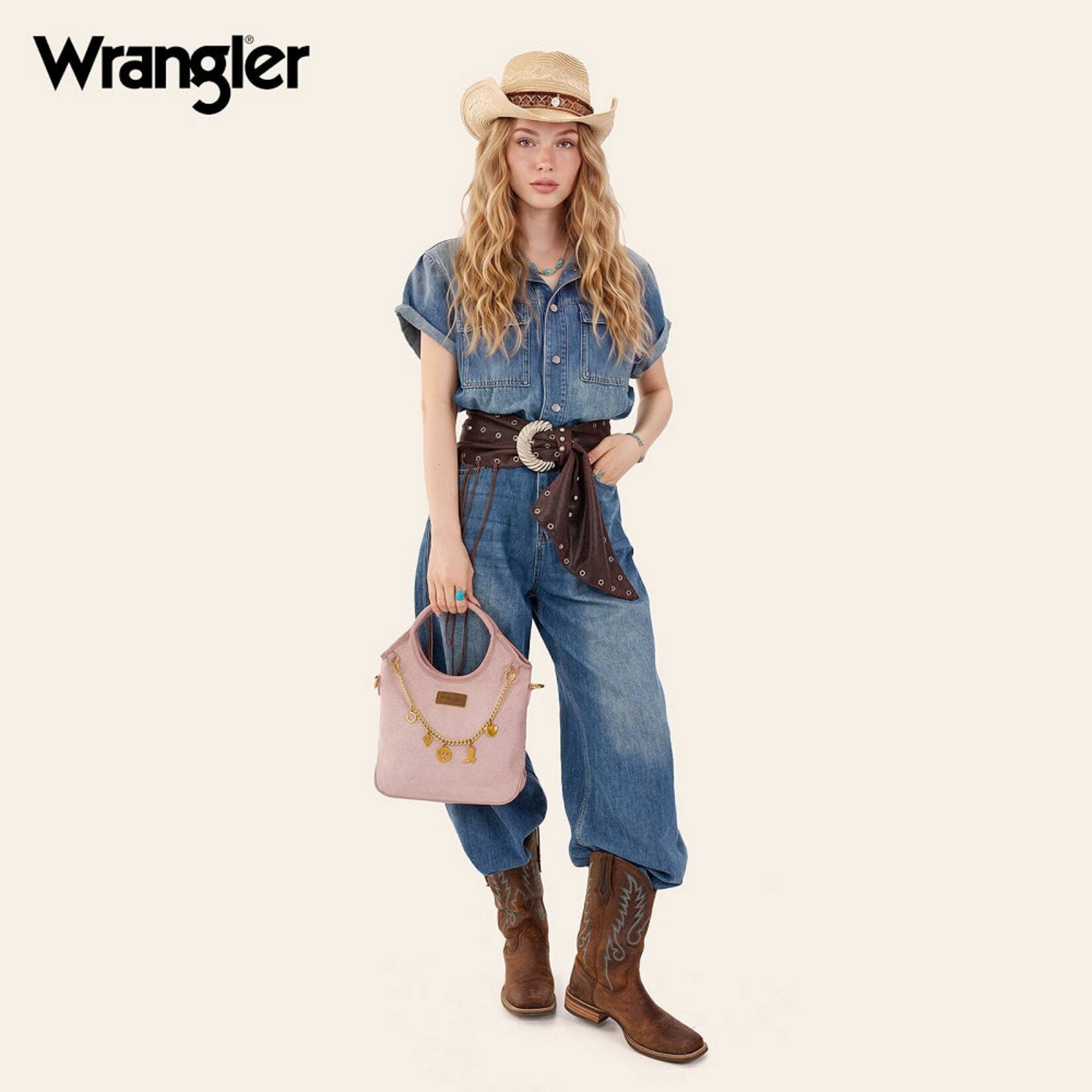 Wrangler WG533-9801PK - Pink - Wrangler Charm Chain Hobo Tote Bag
