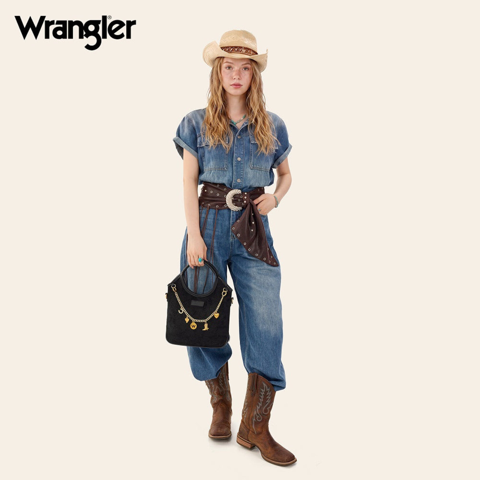 Wrangler WG533-9801BK - Black - Wrangler Charm Chain Hobo Tote Bag