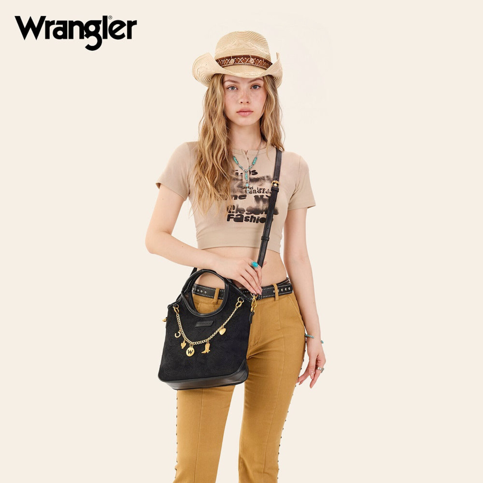 Wrangler WG533-9801BK - Black - Wrangler Charm Chain Hobo Tote Bag