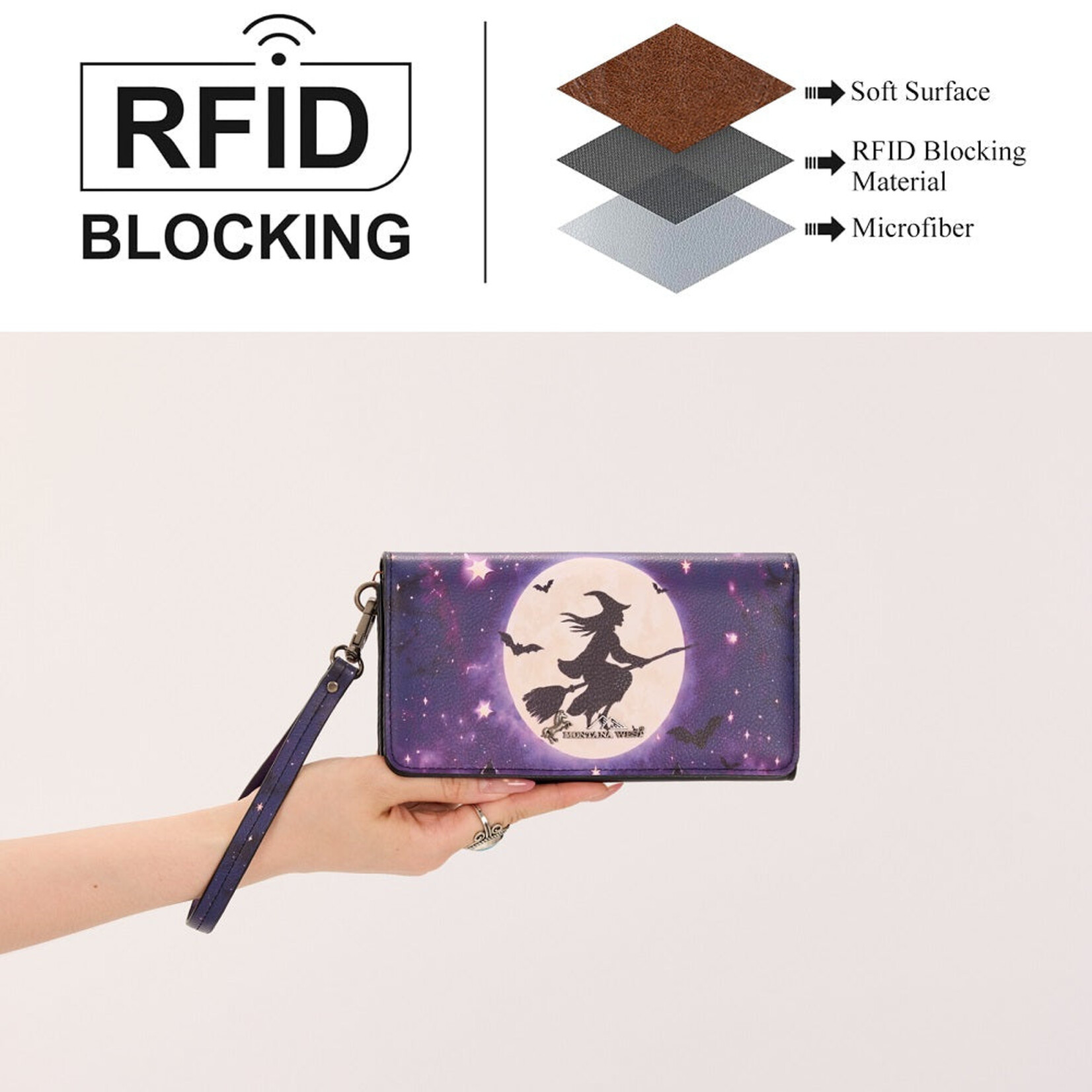 Montana West Inc MW-WL-1404-018-PP - Purple - Montana West Halloween Witch Moon Wristlet RFID Wallet