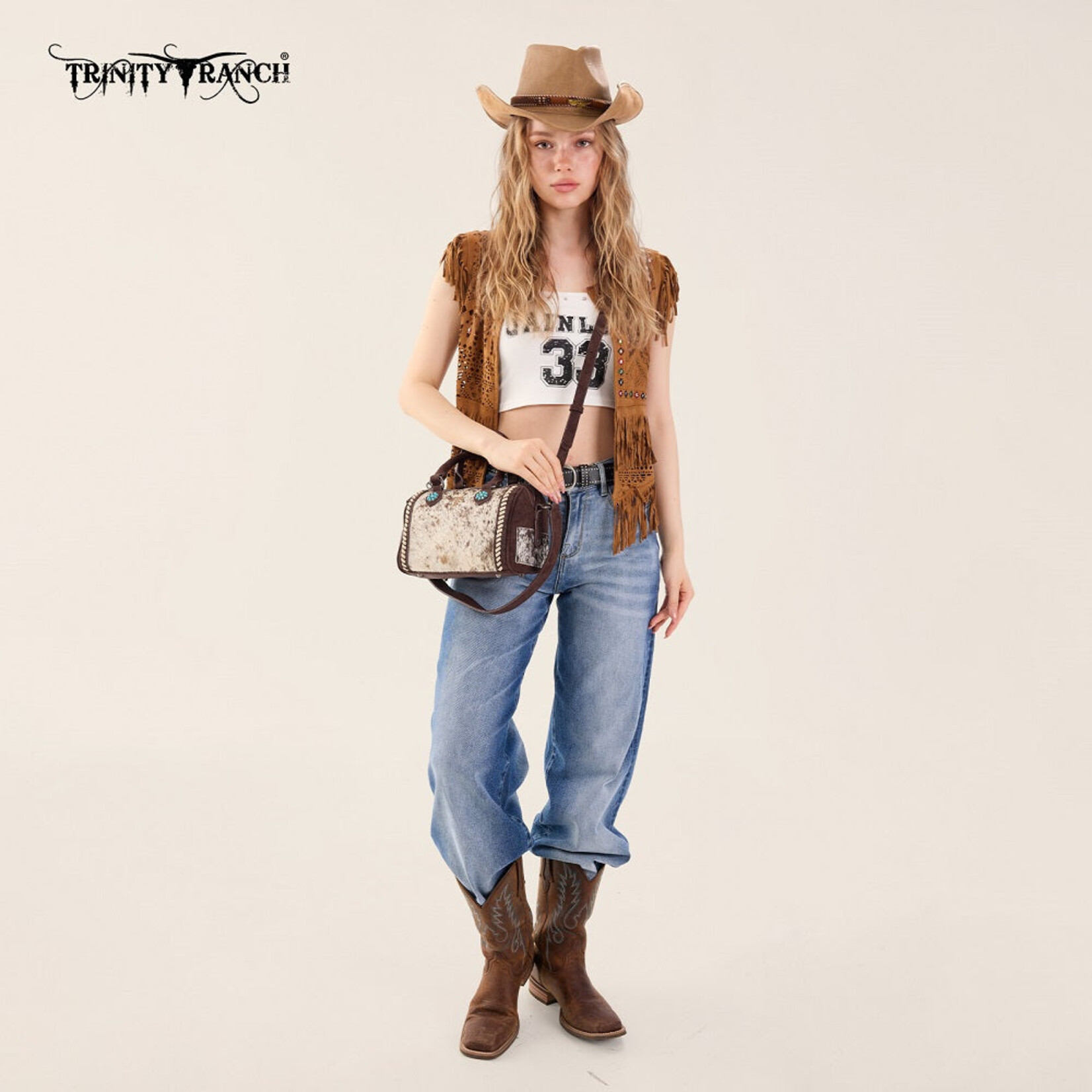Trinity Ranch TR209-8323CF Coffee - Trinity Ranch Cowhide Print Crossbody Bag