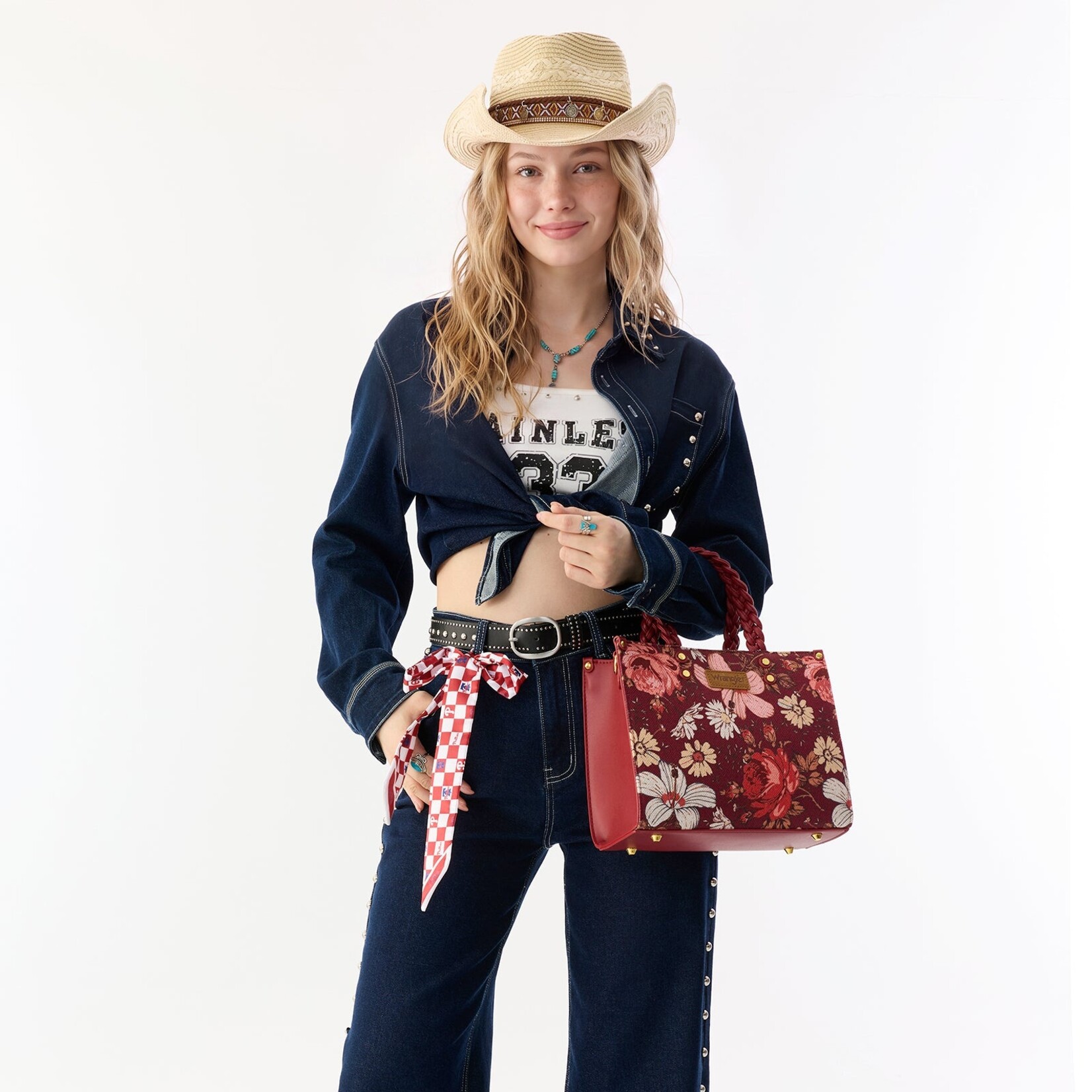 Wrangler WG-HB-438-8120-BDY Burgundy - Wrangler Floral Print Braided Tote