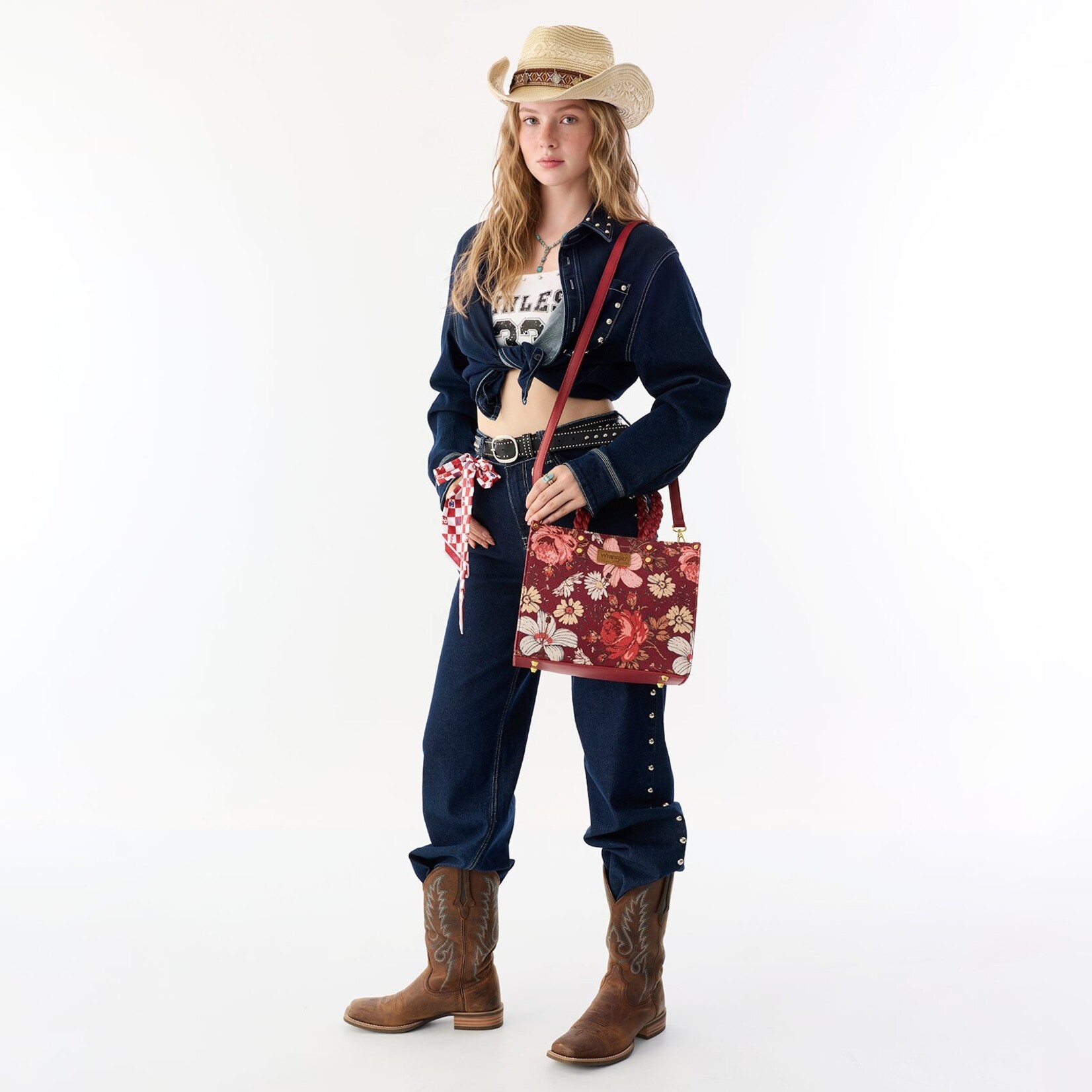 Wrangler WG-HB-438-8120-BDY Burgundy - Wrangler Floral Print Braided Tote