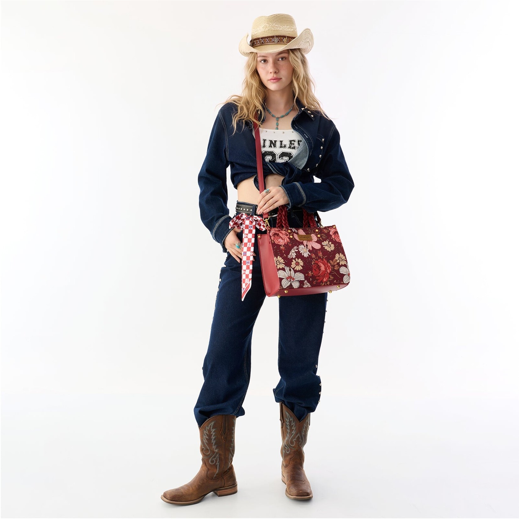 Wrangler WG-HB-438-8120-BDY Burgundy - Wrangler Floral Print Braided Tote