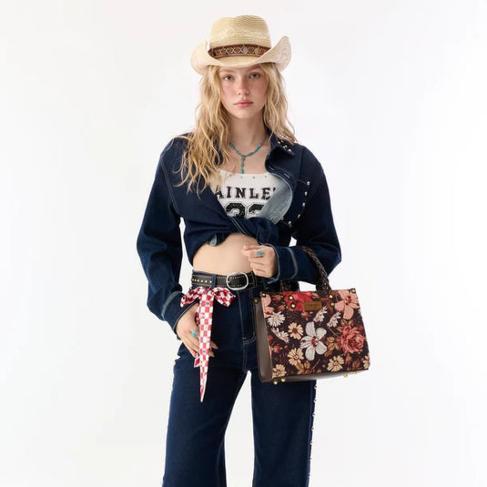 Wrangler WG-HB-438-8120-CF  Coffee - Wrangler Floral Print Braided Tote
