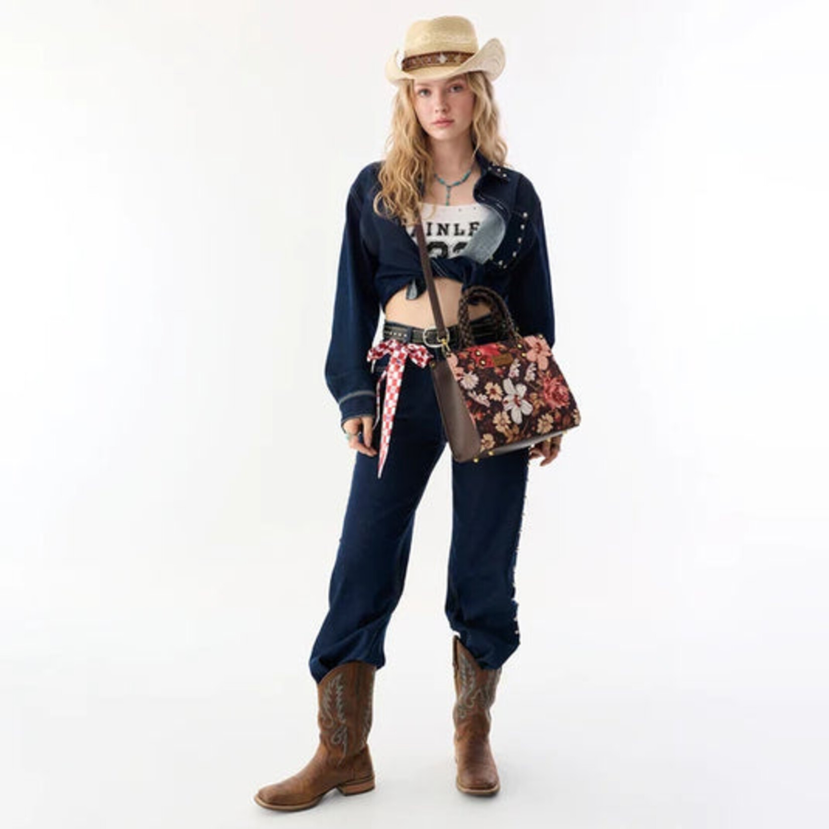 Wrangler WG-HB-438-8120-CF  Coffee - Wrangler Floral Print Braided Tote