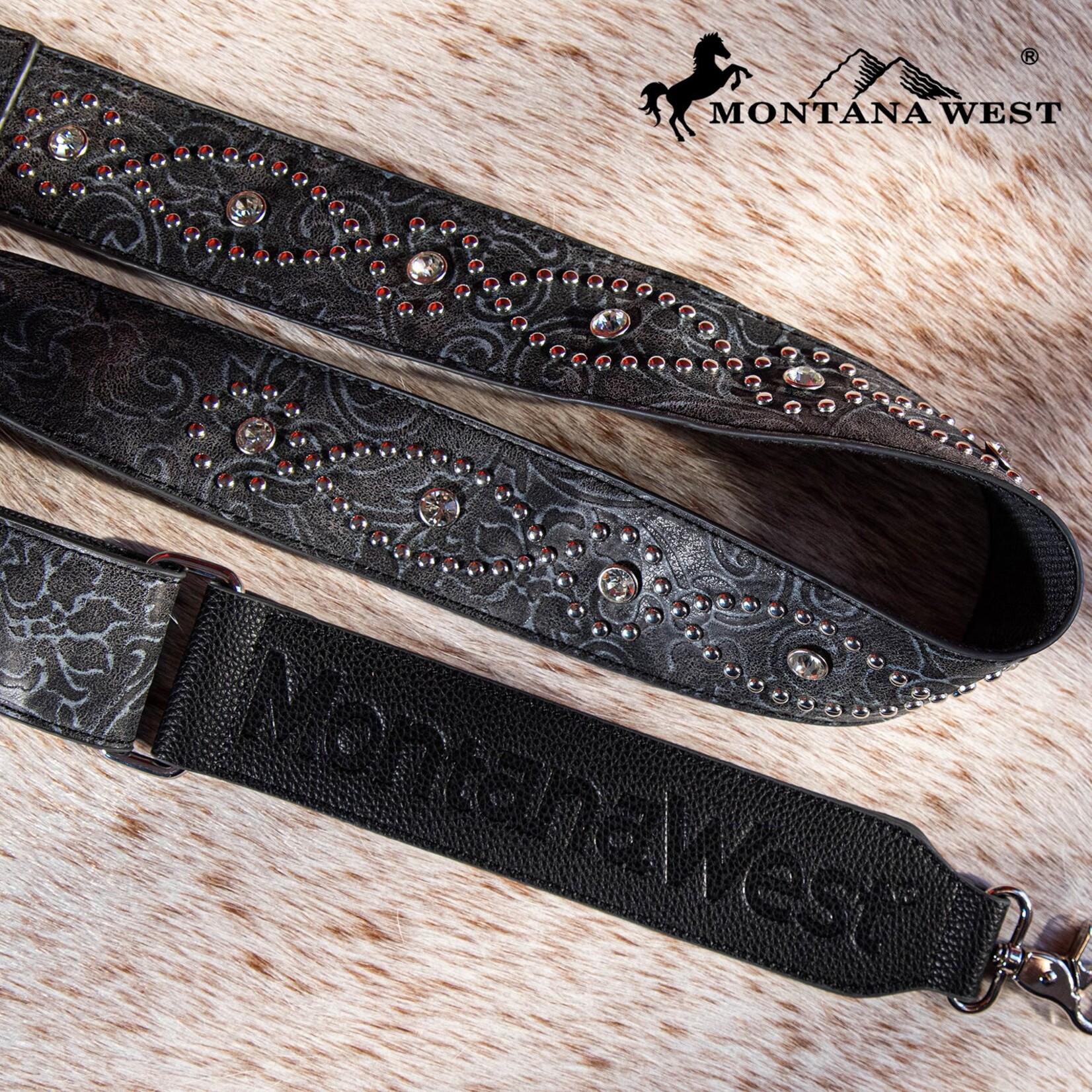 Montana West USA PST-2008 - Black - MW Western Guitar Style Tooled Crossbody Strap