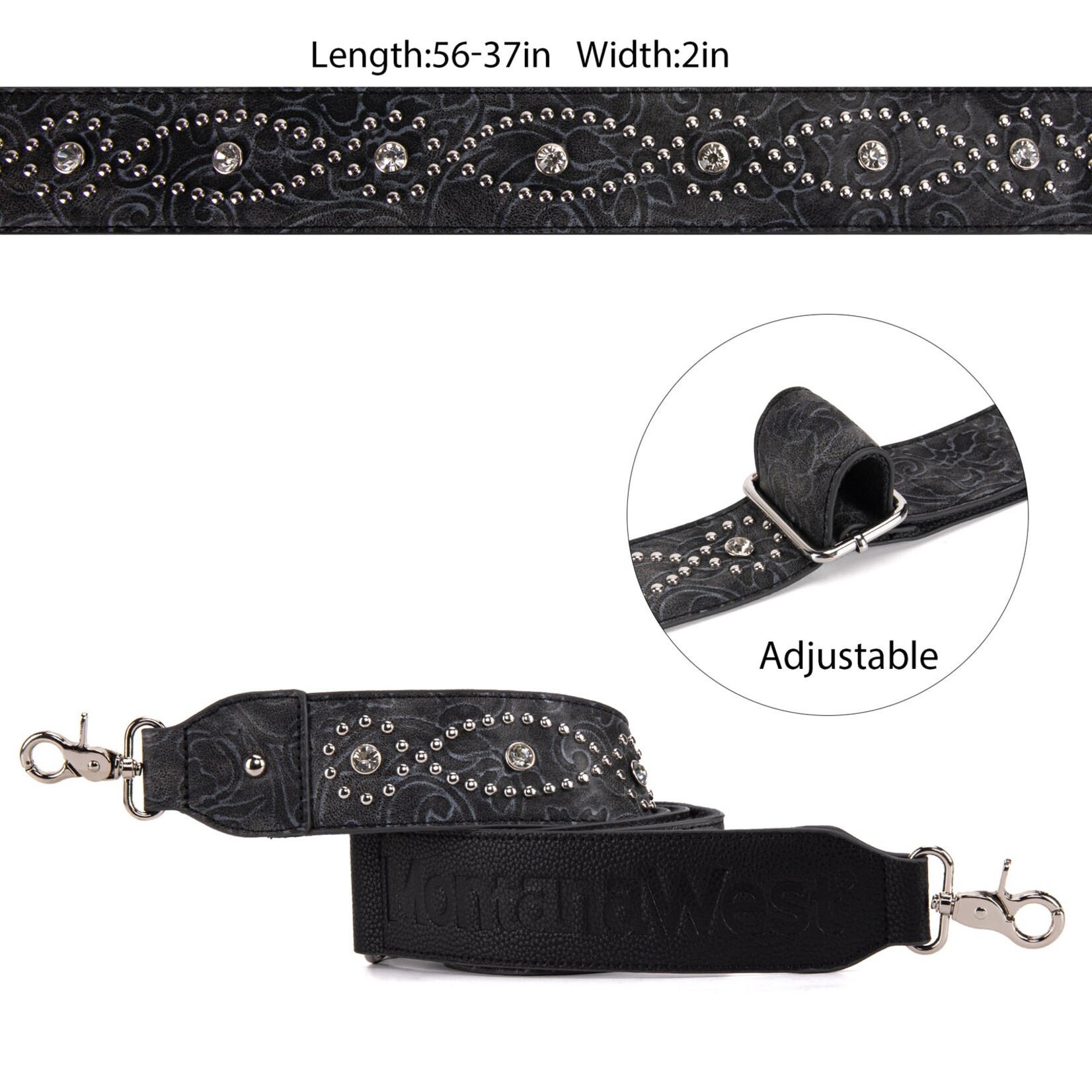 Montana West USA PST-2008 - Black - MW Western Guitar Style Tooled Crossbody Strap