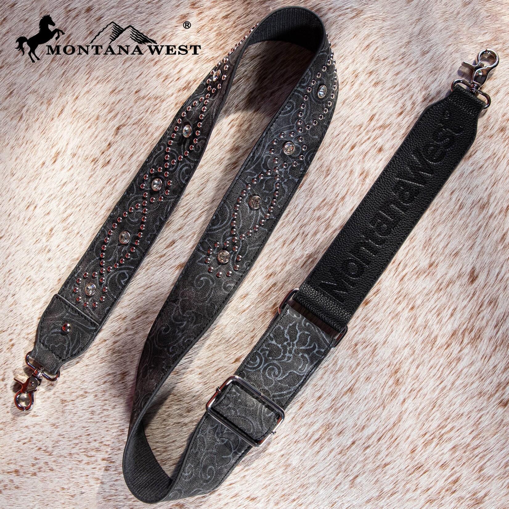 Montana West USA PST-2008 - Black - MW Western Guitar Style Tooled Crossbody Strap