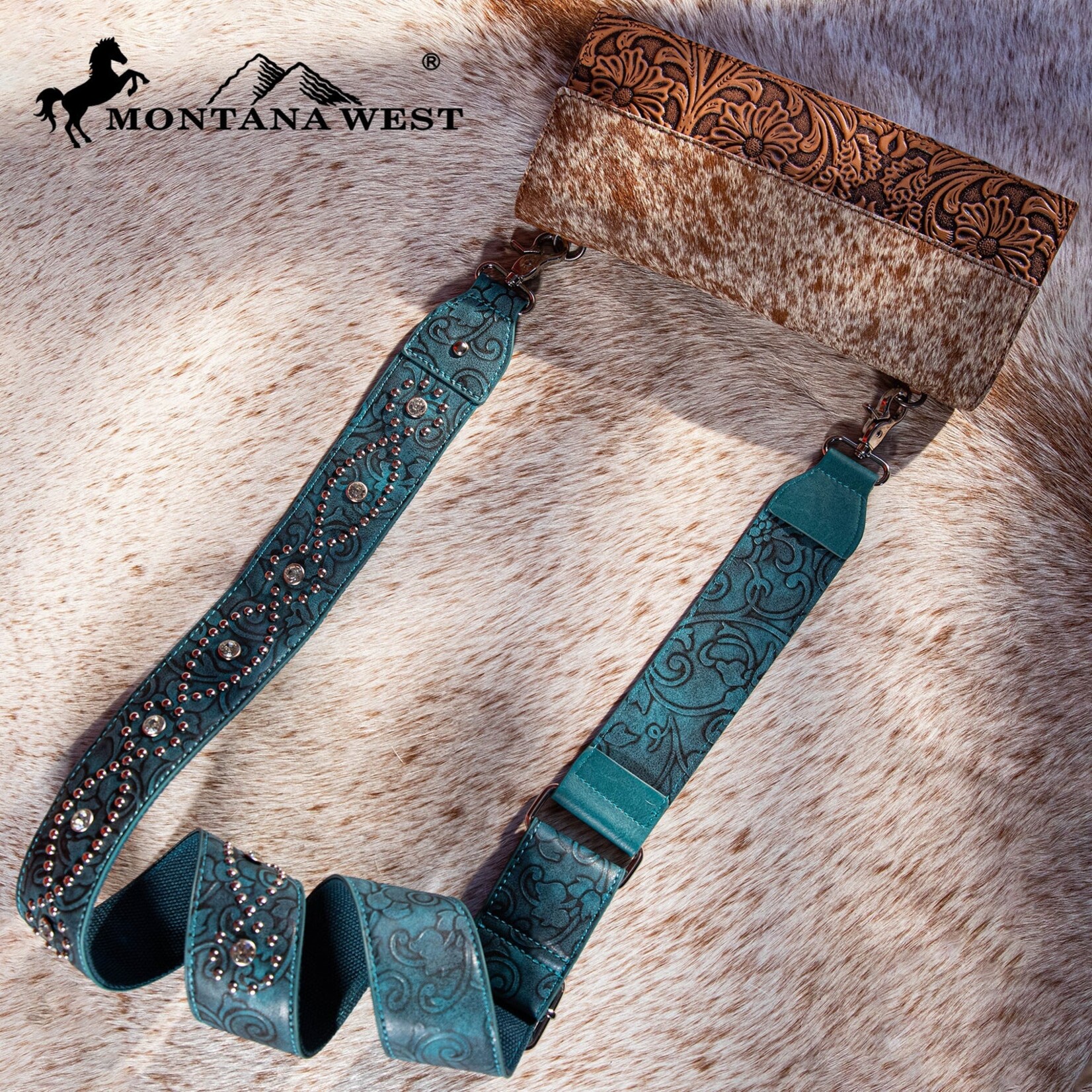 Montana West USA PST-2008 - Turquoise - MW Western Guitar Style Tooled Crossbody Strap