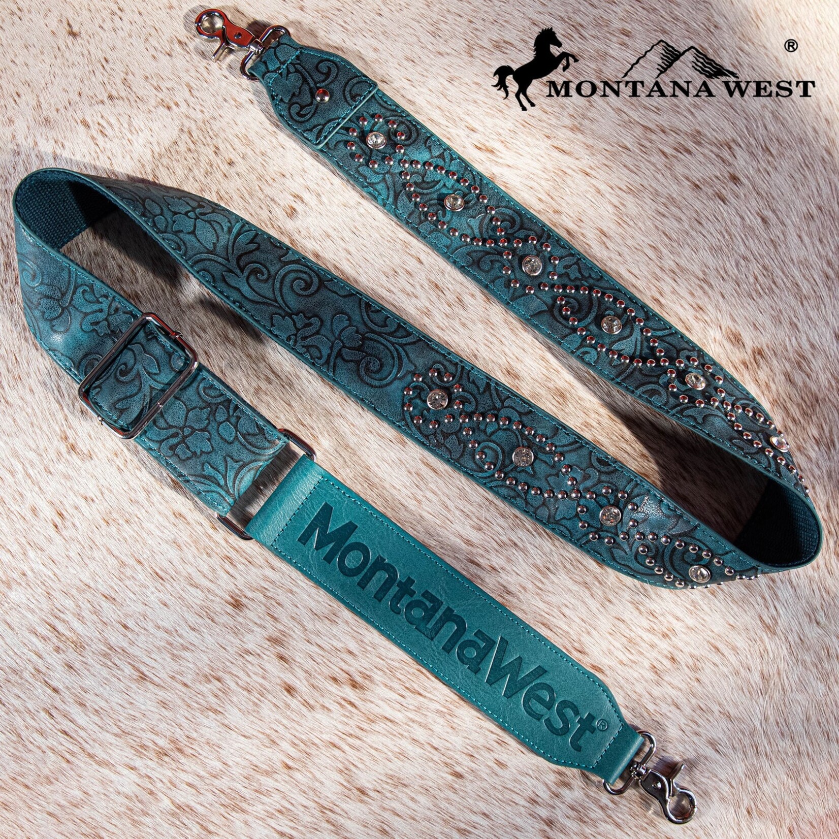 Montana West USA PST-2008 - Turquoise - MW Western Guitar Style Tooled Crossbody Strap