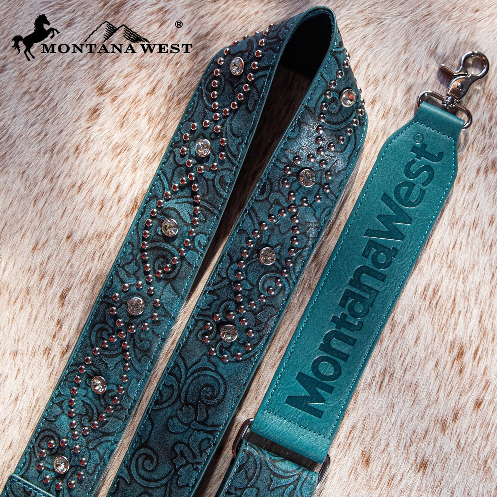 Montana West USA PST-2008 - Turquoise - MW Western Guitar Style Tooled Crossbody Strap