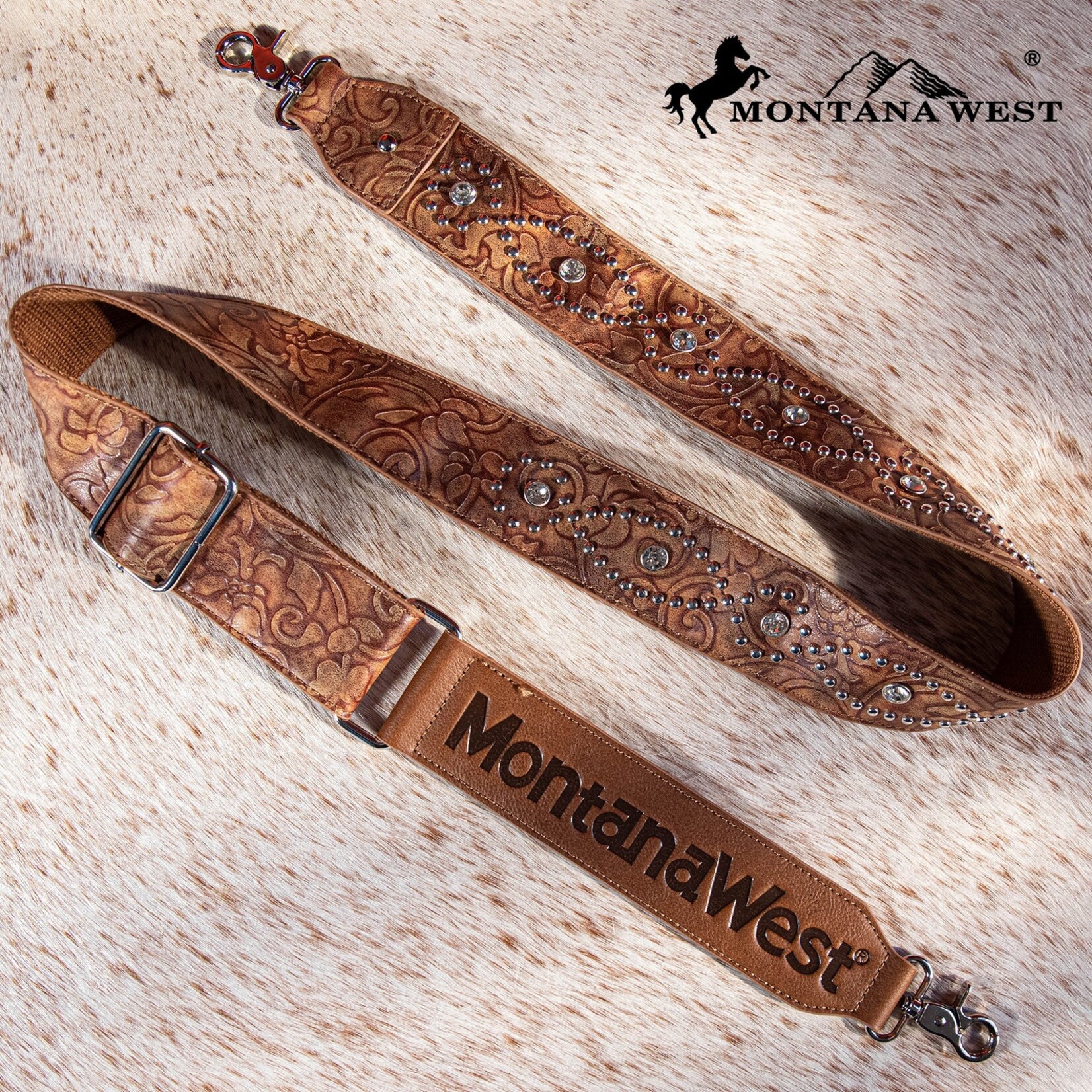 Montana West USA PST-2008 - Brown - MW Western Guitar Style Tooled Crossbody Strap