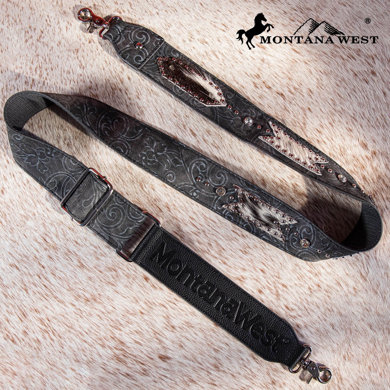 Montana West USA PST-2009 - Black - MW Guitar Style Tooled Cowhide Crossbody Strap