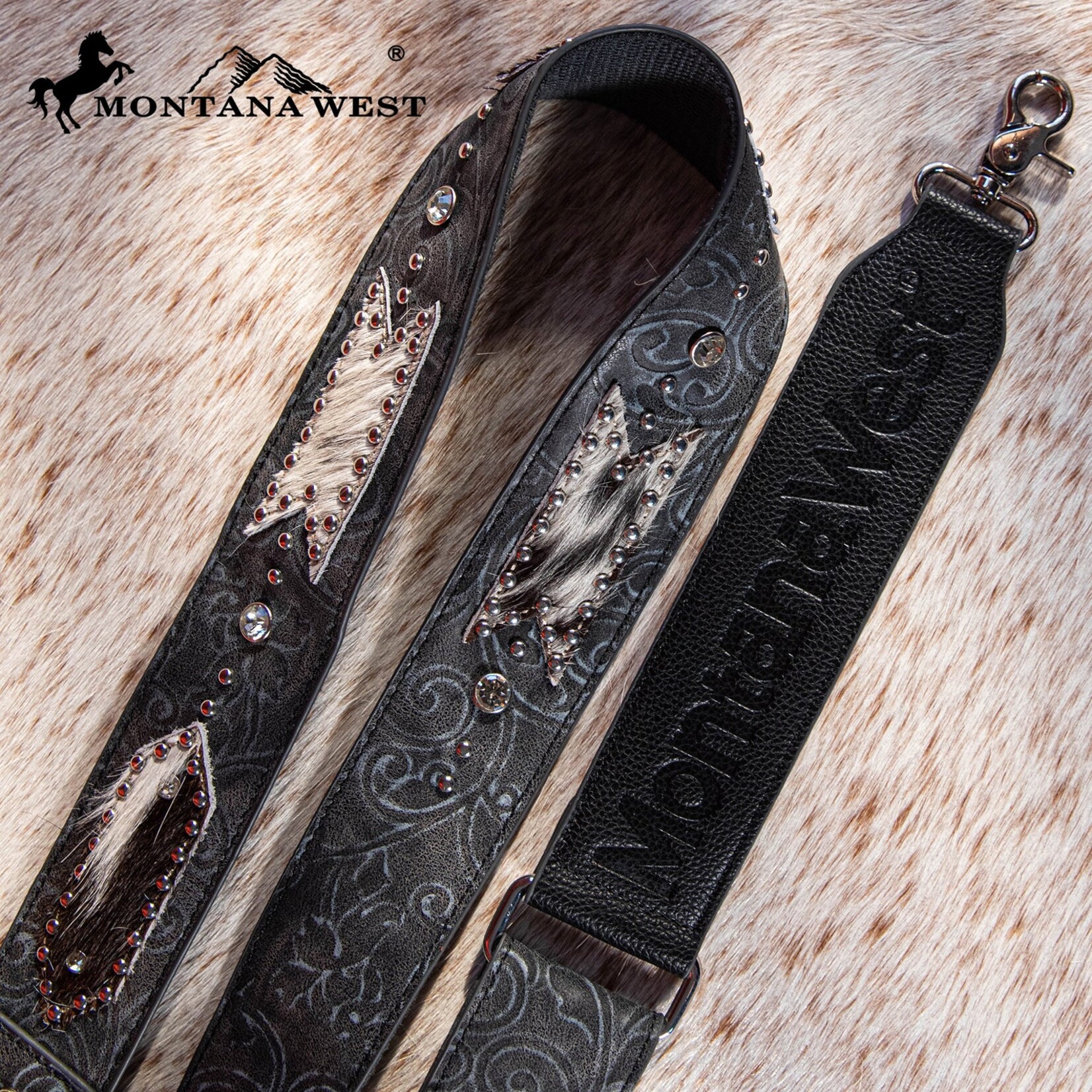 Montana West USA PST-2009 - Black - MW Guitar Style Tooled Cowhide Crossbody Strap