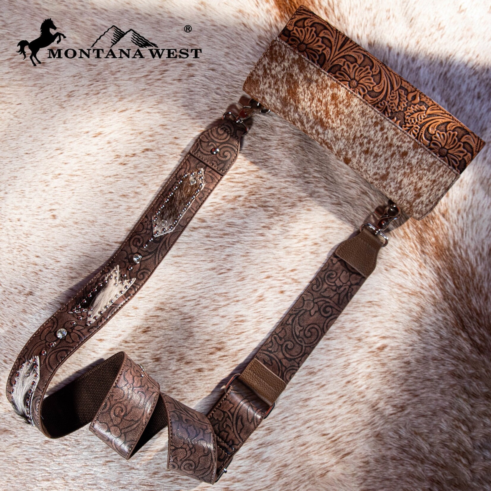 Montana West USA PST-2009 - Coffee - MW Guitar Style Tooled Cowhide Crossbody Strap