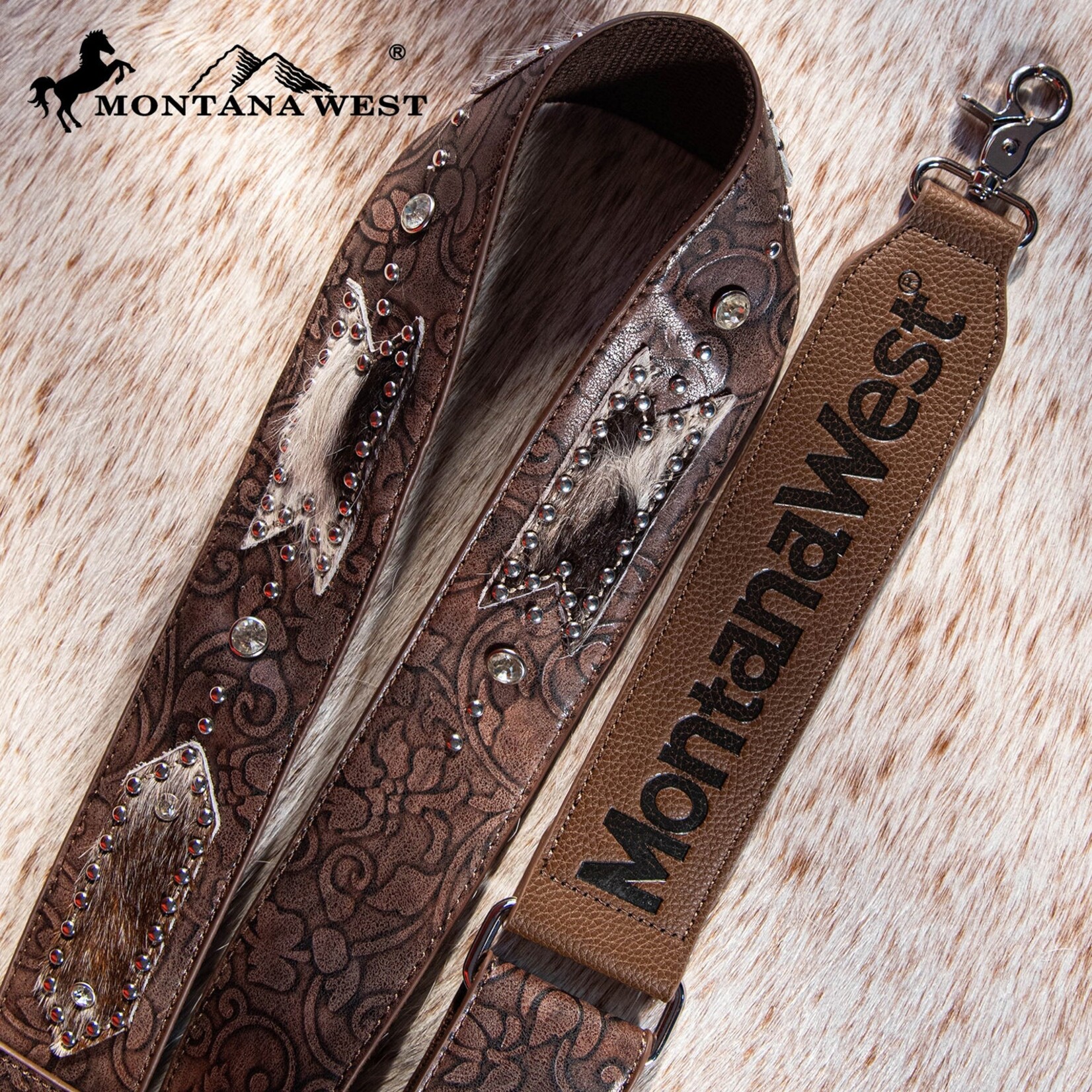 Montana West USA PST-2009 - Coffee - MW Guitar Style Tooled Cowhide Crossbody Strap